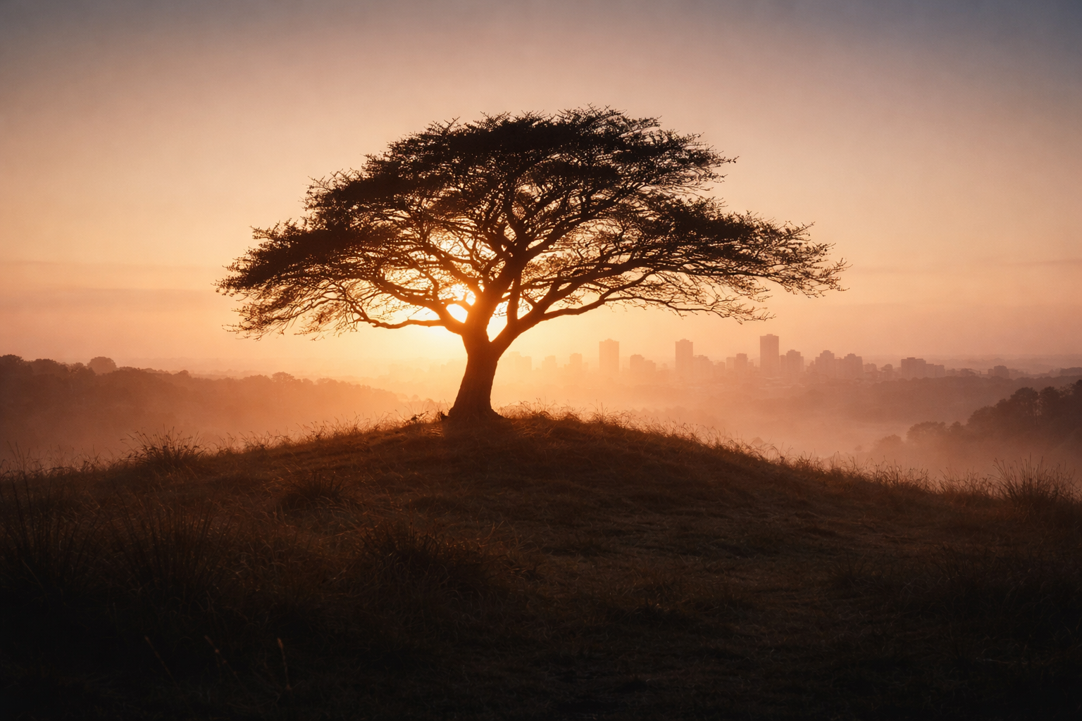 A lone tree silhouetted on a misty hill at sunrise with a soft, blurred city skyline on the horizon and a calm, low-contrast lower third.