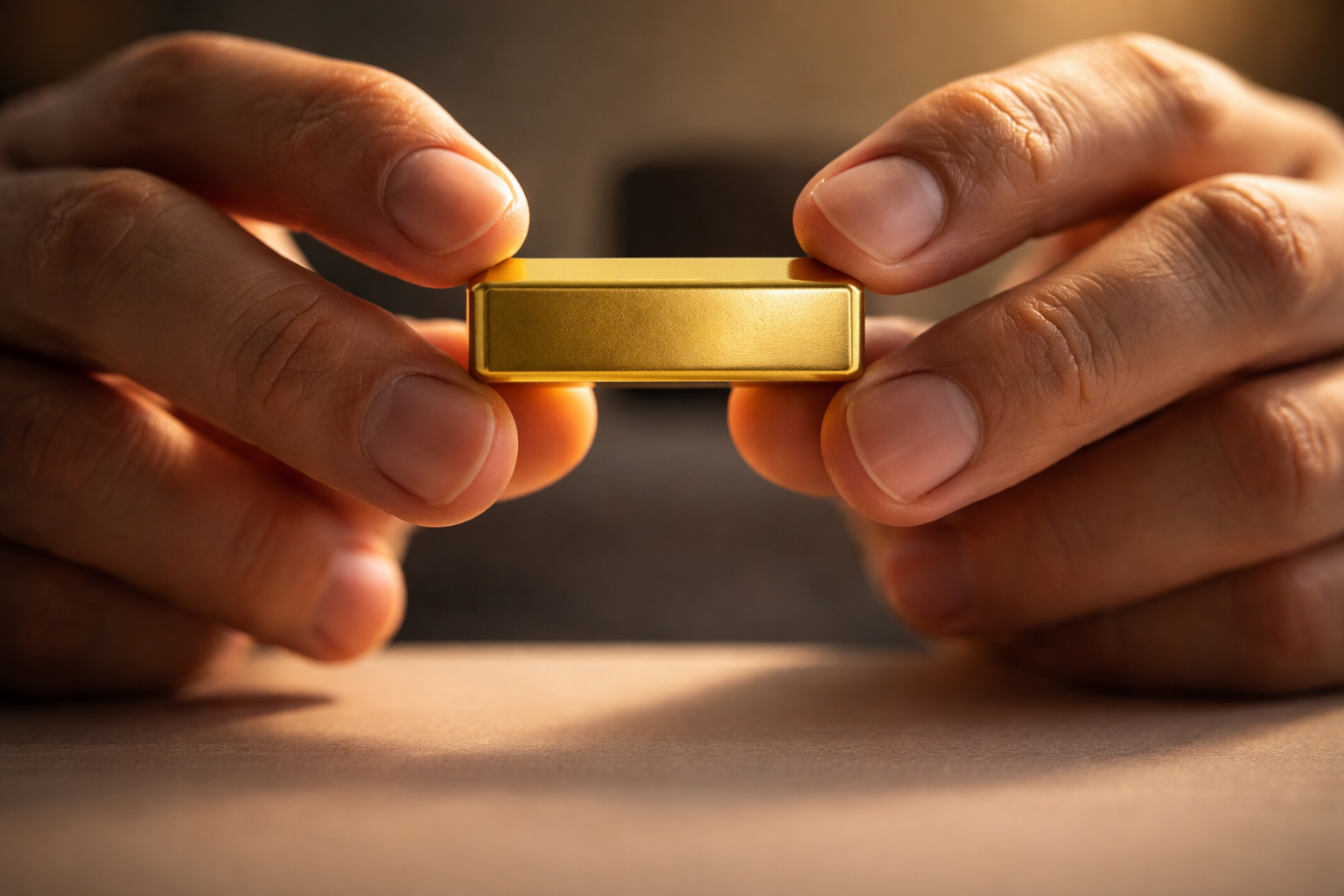 Macro close-up of anonymous adult hands in the upper two-thirds holding a small unbranded gold bar over a quiet, empty tabletop with a blurred smartphone silhouette behind, warm golden lighting highlighting the metal's sheen.