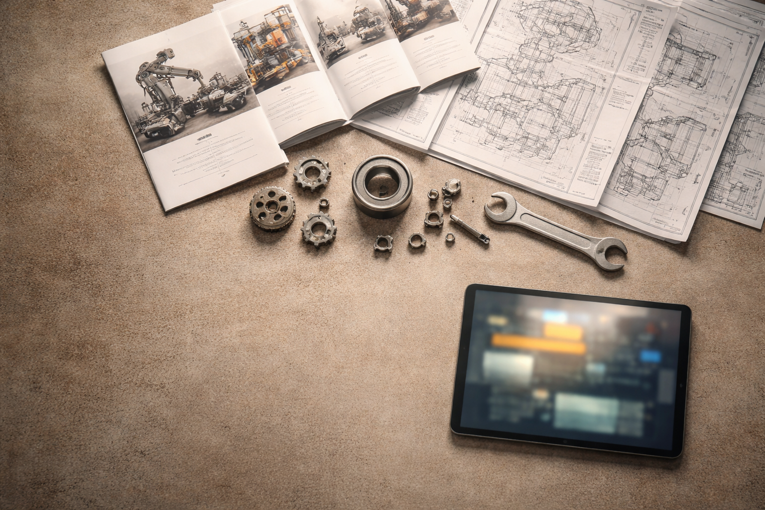 Top-down photo of a workspace with machine product brochures and folded blueprints in the upper two-thirds, small metal gears and a wrench around a central tablet with a blurred abstract interface, and the bottom third of the table left intentionally empty.