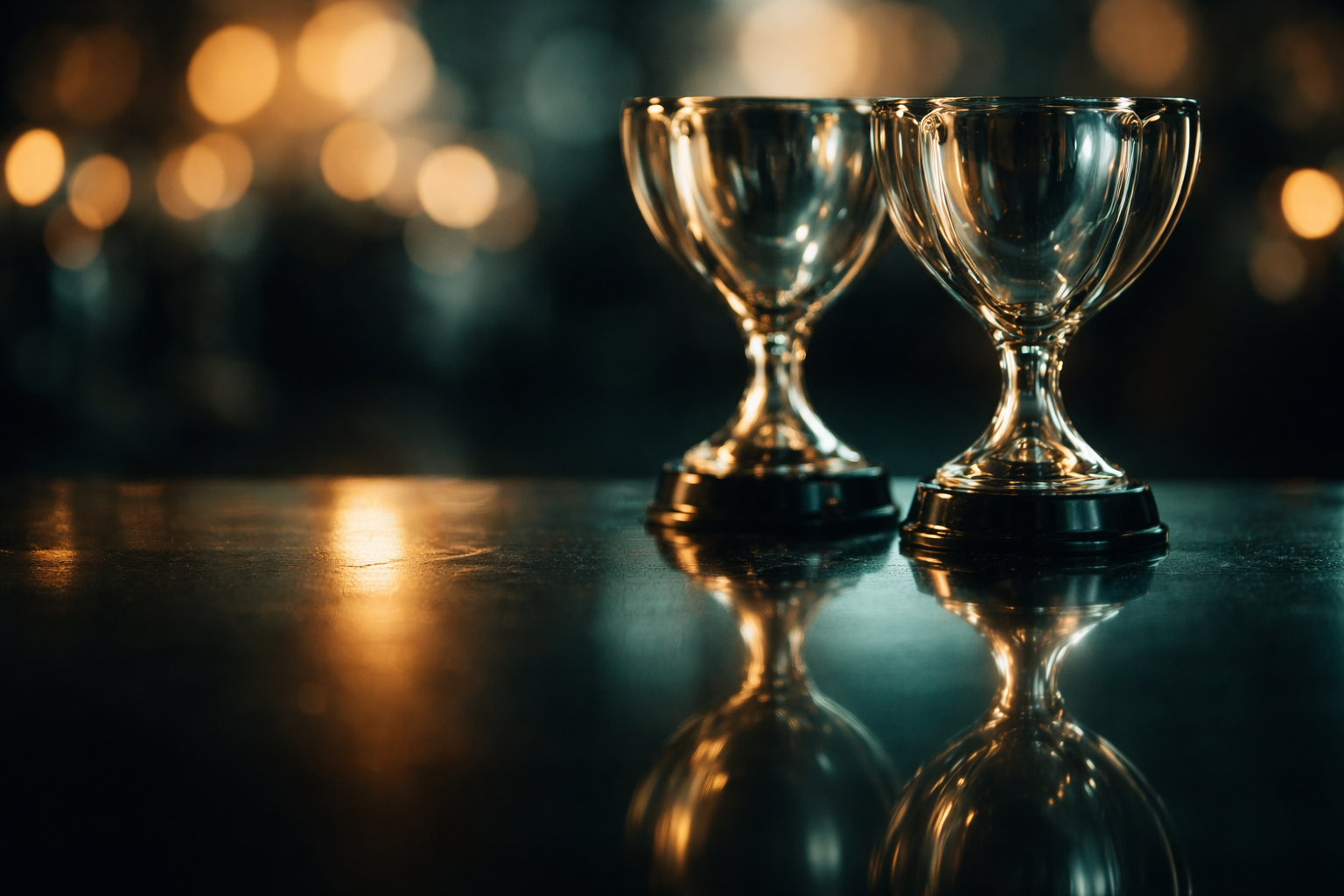 Abstract close-up of two unbranded glass trophies near the upper center, softly reflected on a dark polished surface with warm gold and cool teal bokeh behind; the bottom third is intentionally empty and dark.