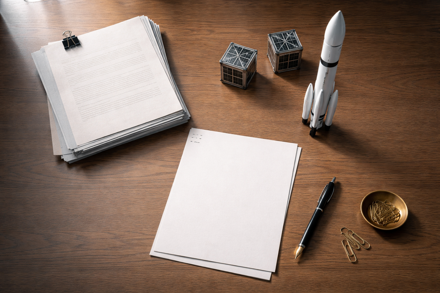 Top-down photo of a wooden desk showing a blank contract stack, an unbranded white model rocket, two small CubeSat mockups, a fountain pen and paperclips arranged in the upper area with the bottom third kept clear.