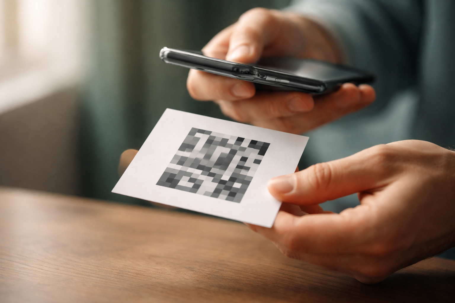 Close-up motion shot of anonymous hands scanning an abstract, non-scannable square pattern on an unbranded card with a smartphone; fingers blurred in motion, soft warm light, shallow depth of field and a clear, quiet lower third.