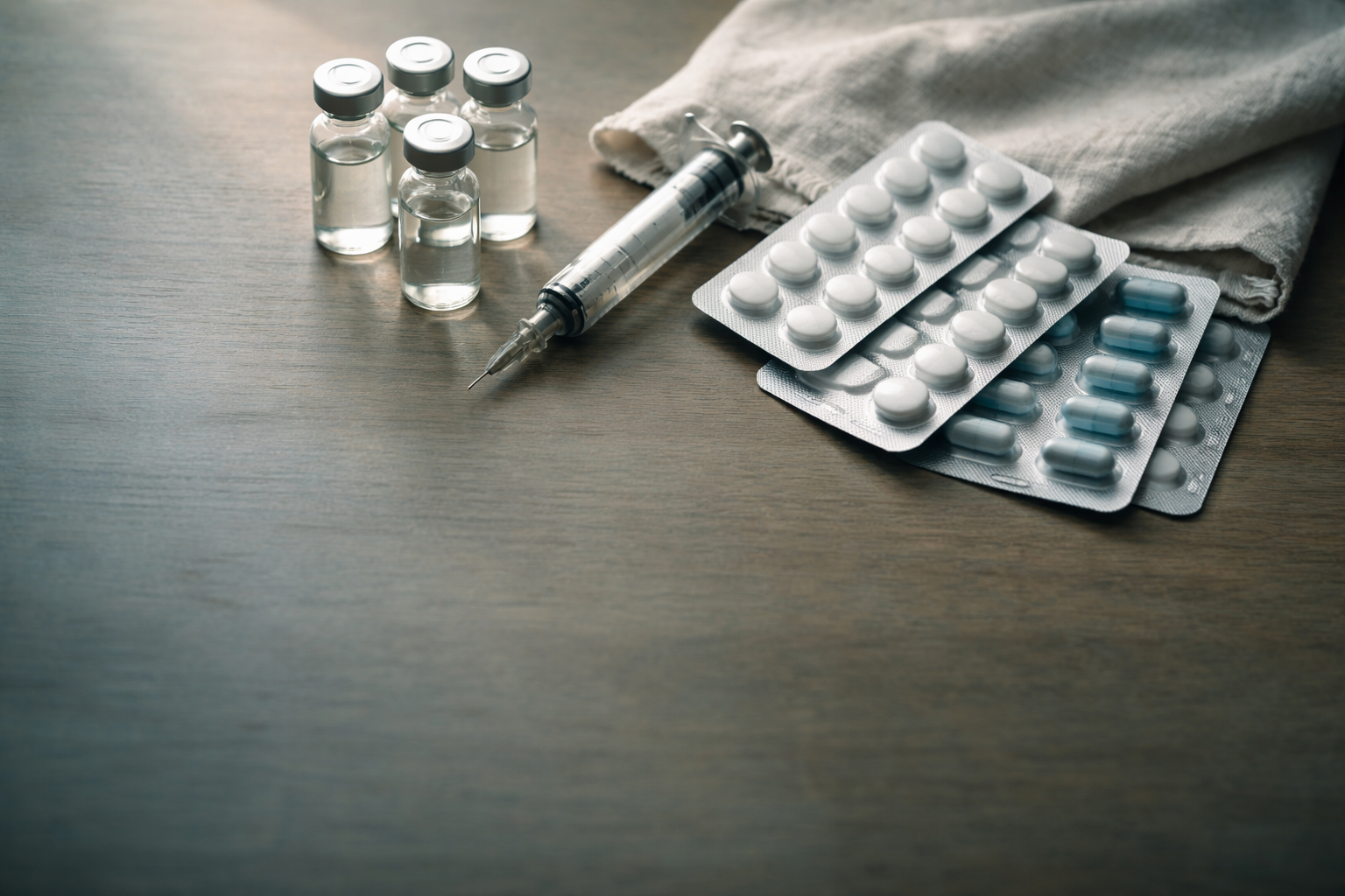 Top-down view of unlabelled pharmaceutical materials — clear glass vials, a metal syringe barrel and plain blister packs — grouped in the upper two-thirds of a wooden table under soft natural light, with the lower third left empty and calm.