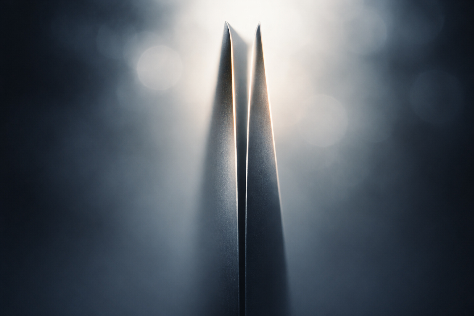 Close macro silhouette of two slender vertical abstract panels against a softly lit, blurred background, with subjects centered in the upper two thirds and an empty lower third.