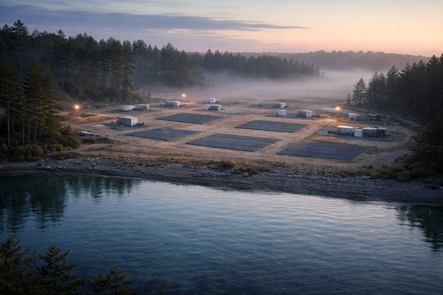 A calm dawn coastal survey site: glassy inlet water in the foreground reflects a cleared shoreline with neat rectangular foundation pads and small staging areas under soft sunrise light and light mist.