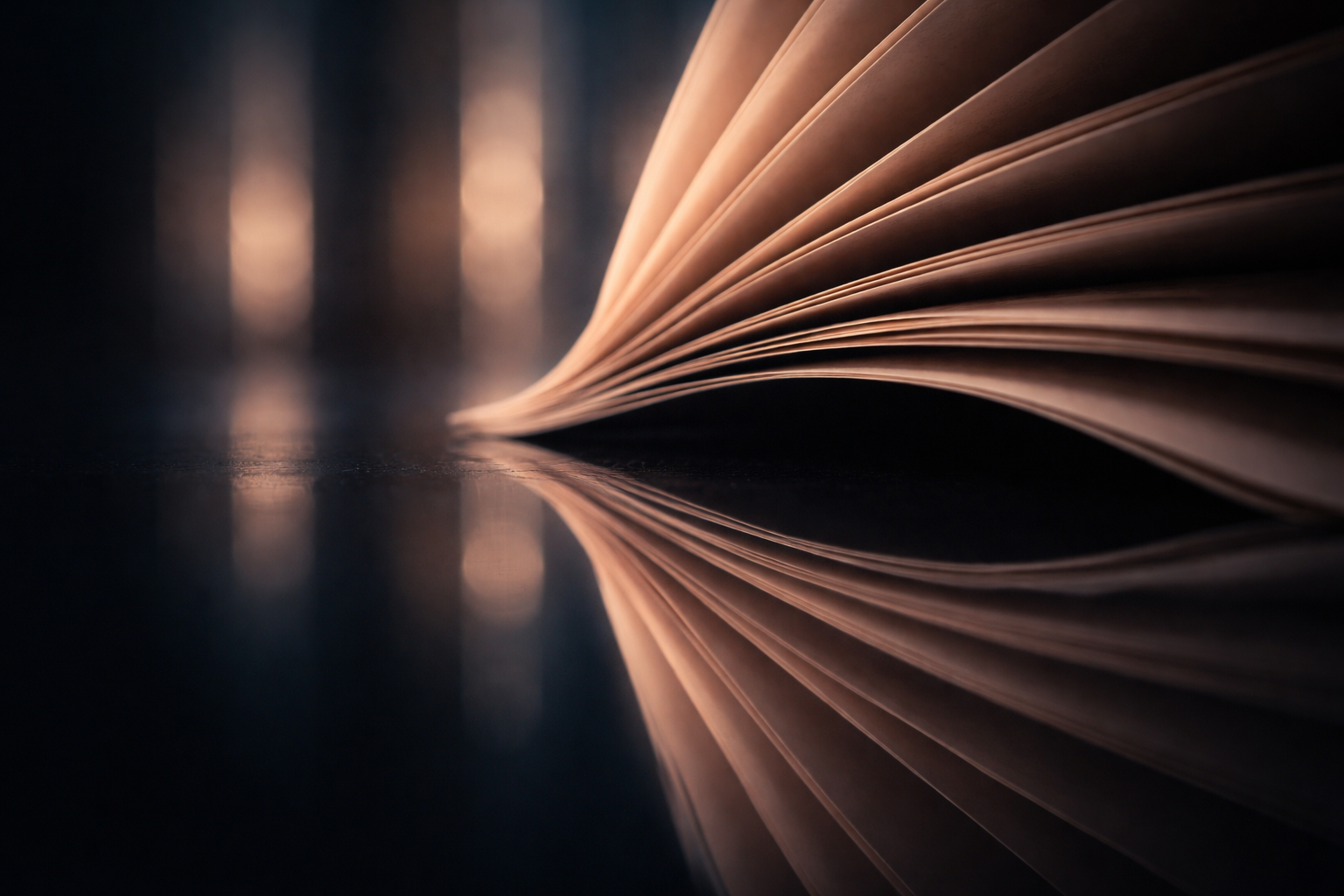 Reflected macro close-up of layered, unbranded paper edges and soft vertical bokeh on a dark glossy surface, muted navy and warm beige tones, with the subject in the upper two-thirds and a quiet lower third.