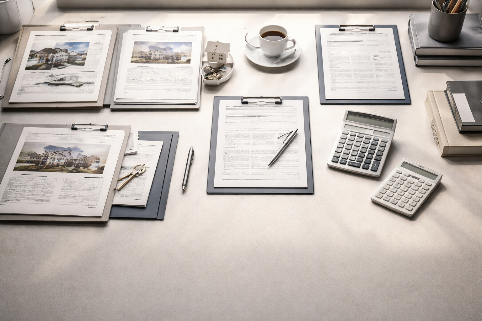 Overhead view of a structured workspace with financial documents, writing instruments and calculation tools arranged on a neutral-toned desk surface.