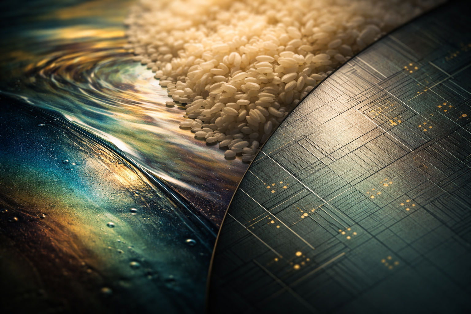 Wide close-up of layered materials — iridescent oil sheen, textured rice grains, and a matte silicon wafer with faint circuit-like markings, lit in soft teal and ochre with the bottom third darker and uncluttered.