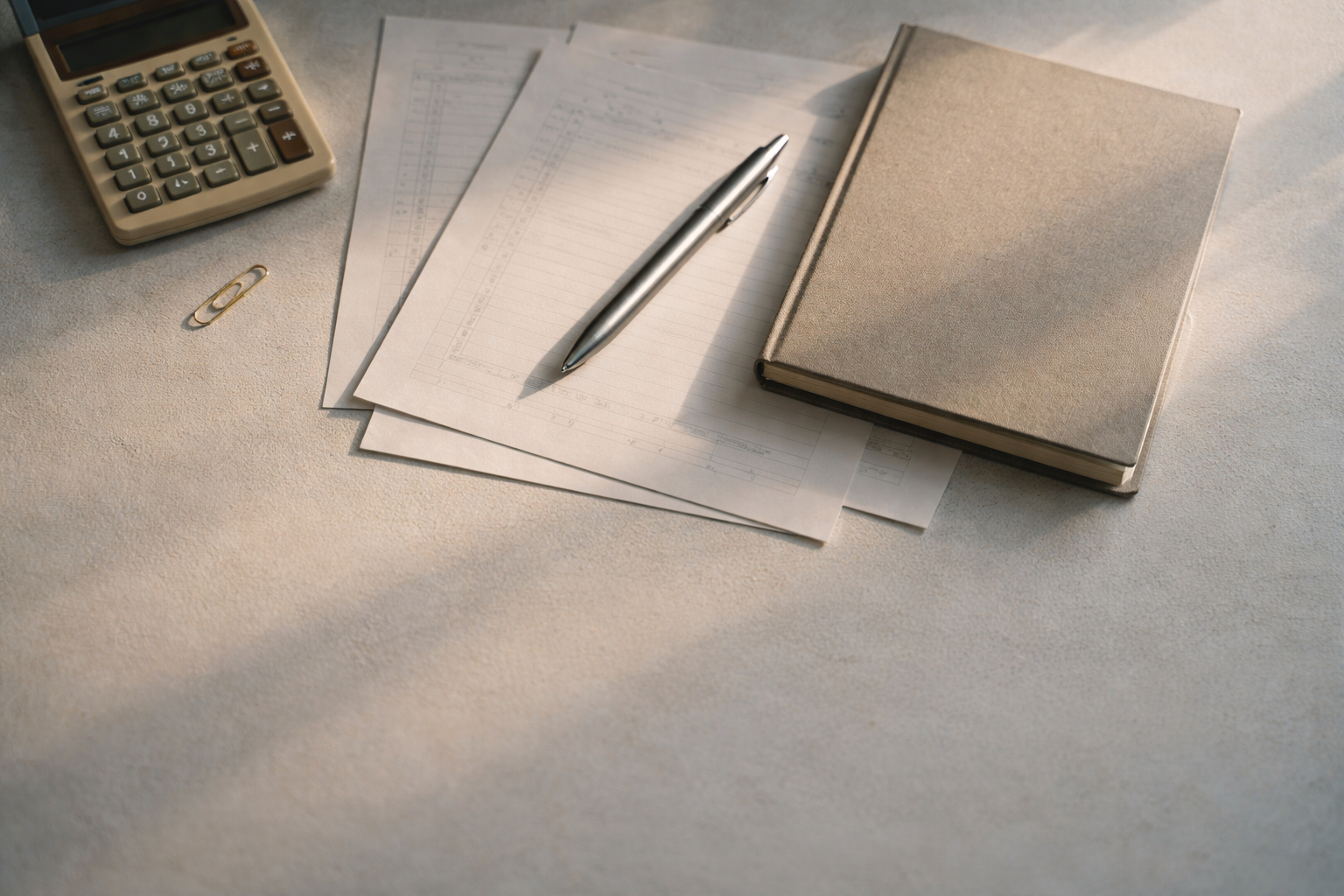 High-angle overhead photo of plain financial papers, a closed notebook, metal pen and a vintage calculator arranged in the upper two-thirds of a wood desk with soft warm side light and a muted blue‑beige palette; the bottom third of the frame is empty and uncluttered.