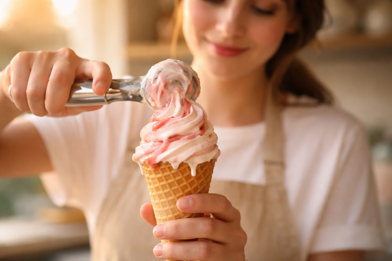 Close-up motion-detail photo of a fictional vendor scooping swirled artisanal ice cream into a waffle cone, warm golden light, gentle motion blur on the scoop, the vendor’s face softly visible above the cone and the bottom third of the frame left empty.