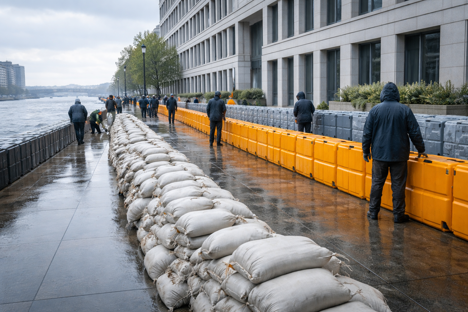 Wide view of a generic riverside urban street where sandbags and modular flood barriers line a modern institutional facade, anonymous volunteers with faces turned away work on the embankment under soft overcast light, and wet reflective pavement fills the lower third.