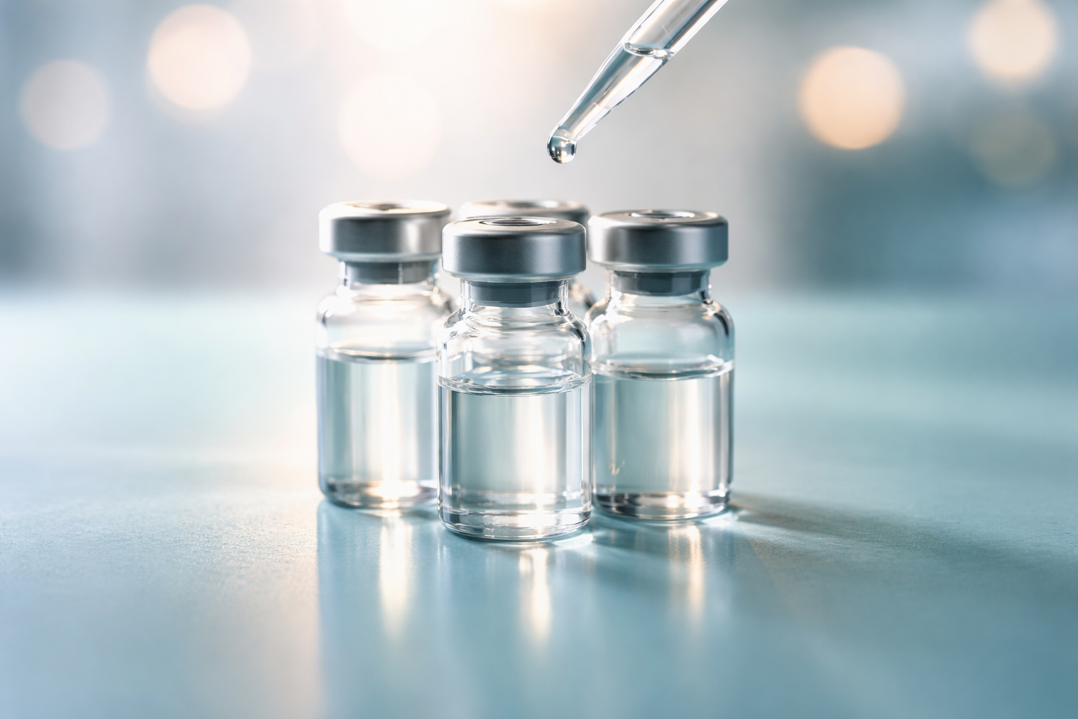 Low-angle close-up of unlabelled glass vials clustered on a pale teal reflective surface with a pipette droplet poised above, warm rim lighting and soft background blur; the lower third of the frame is left uncluttered.