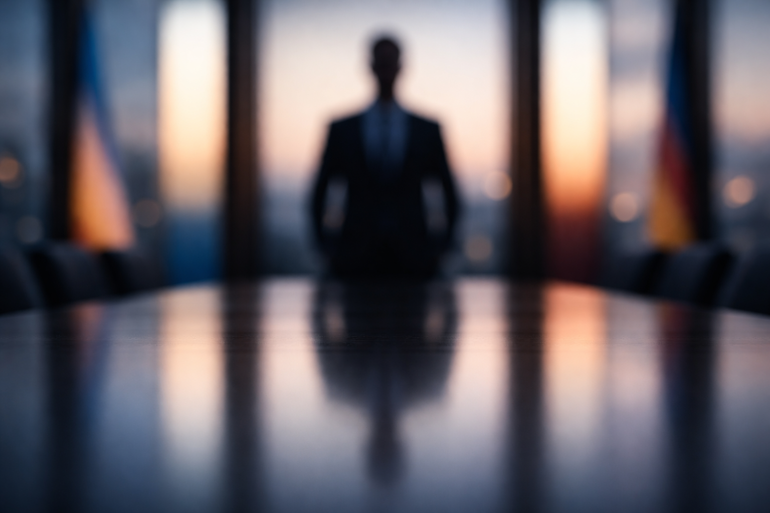 Soft, blurred reflection of an anonymous person in a polished conference table or glass surface, with muted blue-gray and amber bokeh lights behind; the figure is centered in the upper two-thirds and the lower third is left empty.