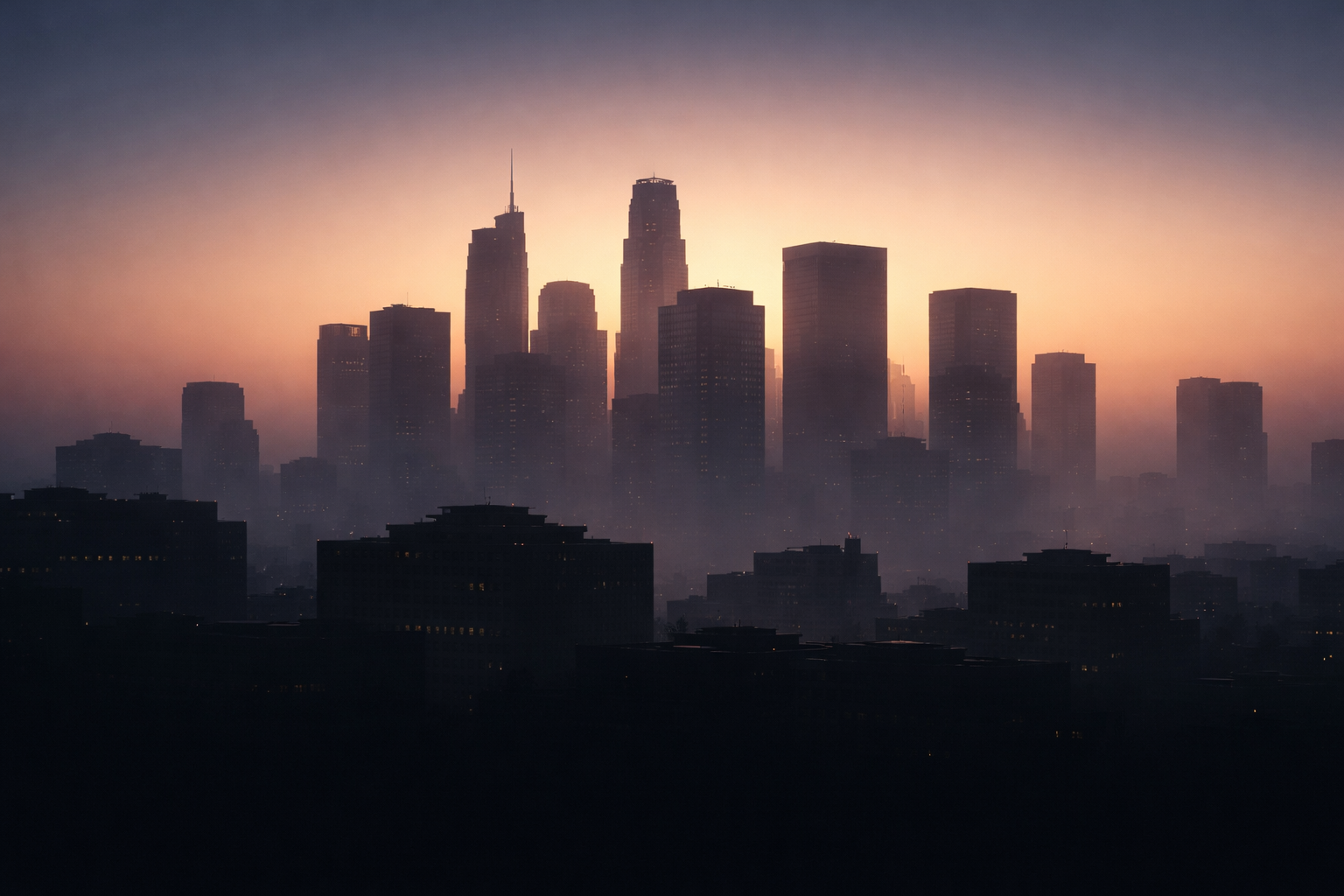 Dark silhouetted office rooftops and antennae form a skyline across the upper two-thirds against a warm rim-lit dusk sky, with the lower third left uncluttered and dark.