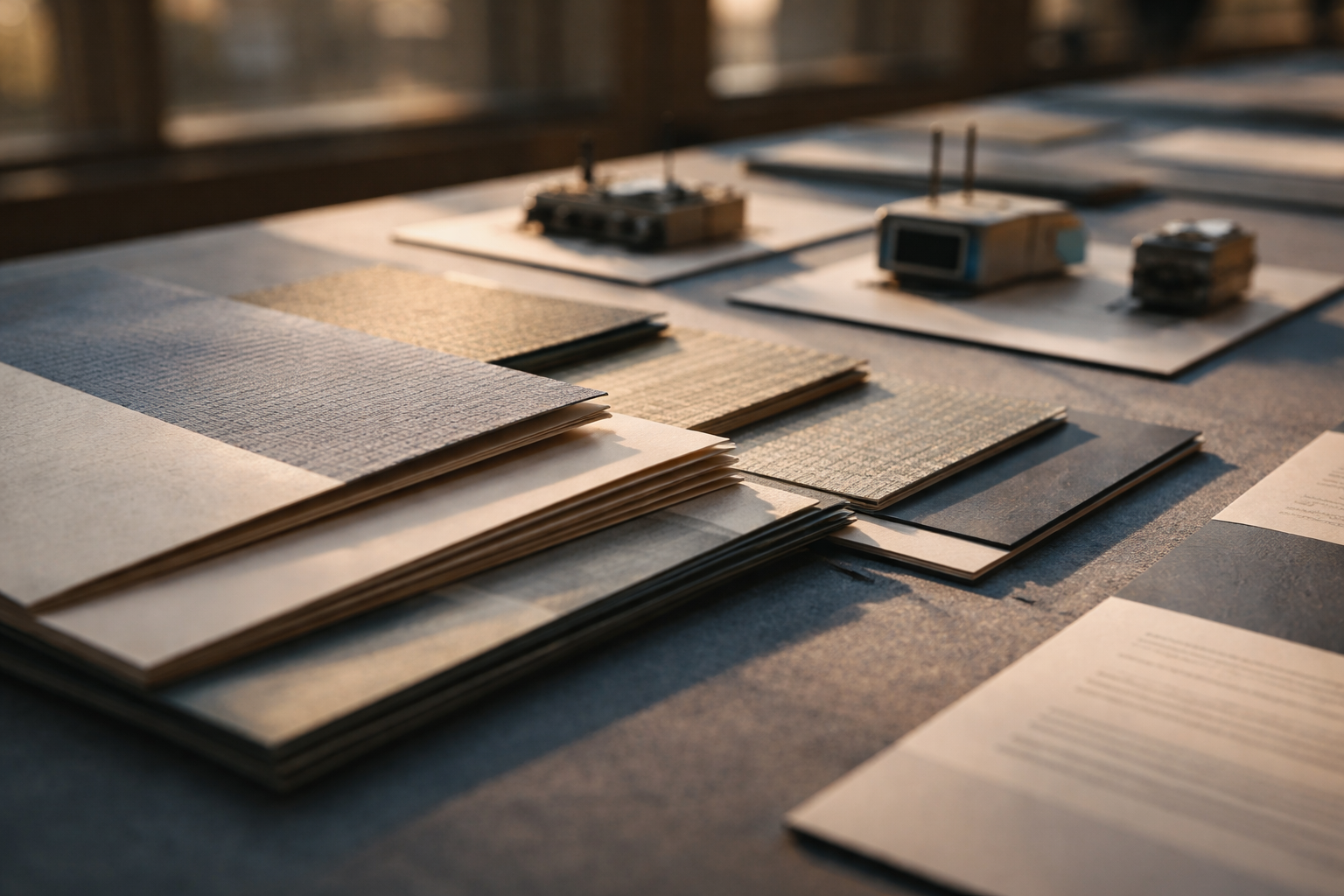 Low-angle close-up of an exhibition table with stacked brochures, textured material samples and small prototype devices rising diagonally into the frame, lit by warm directional light with a calm, uncluttered lower third.
