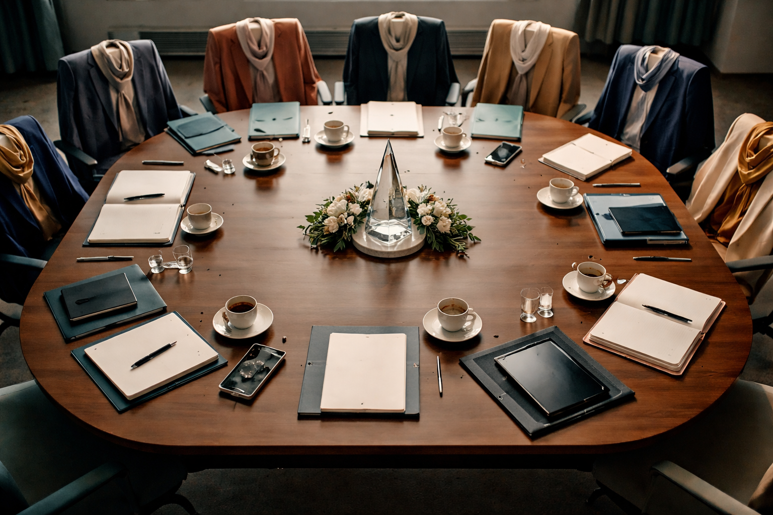 High-angle shot of a wooden meeting table with nine place-settings—blazers and scarves on chair backs, open notebooks, tablets, pens, coffee cups and an unbranded glass award at the center; soft warm light and muted teal-and-navy tones, with the lower third of the frame left empty.