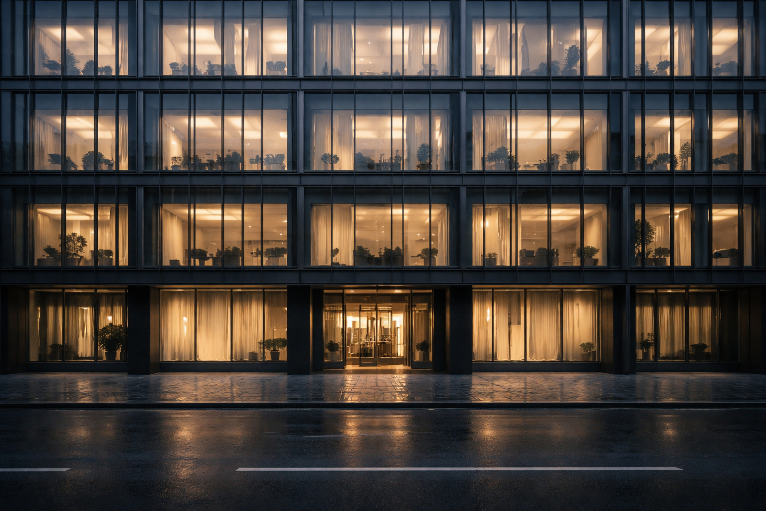 Wide dusk view of a modern office facade with repeating glass panels in the upper two-thirds and a wet, empty pavement in the quiet lower third, soft blue-gray light with warm interior glows.
