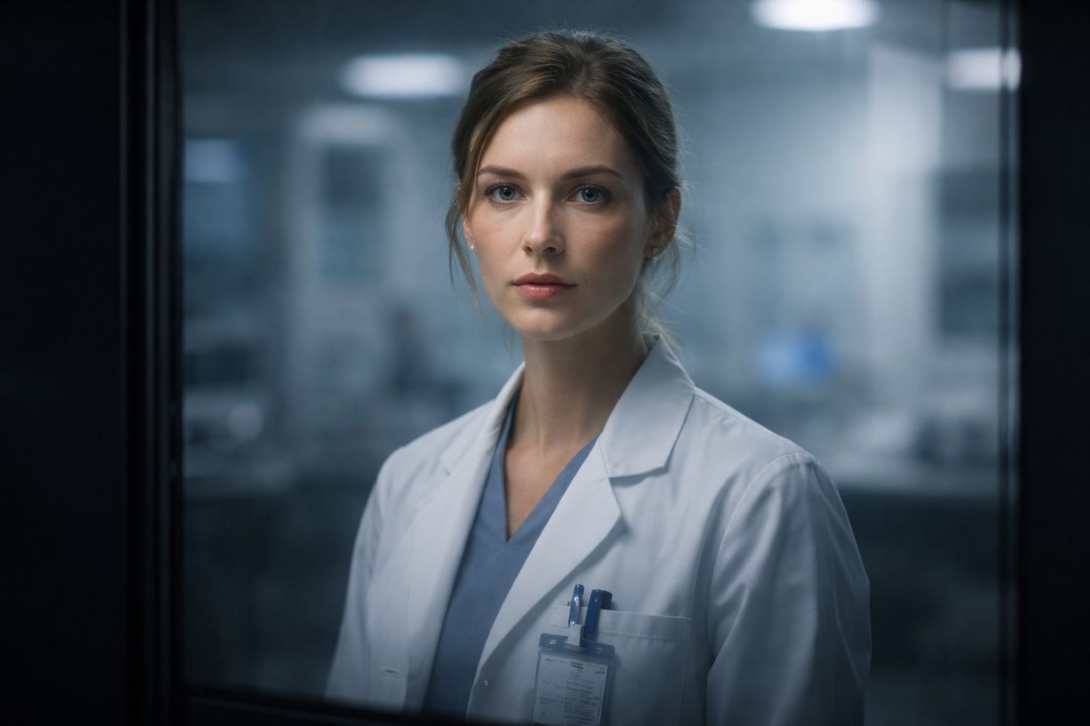 The reflection of a lone fictional pharmaceutical researcher—face and upper torso—seen in a dark glossy glass panel with a blurred sterile lab behind, cool muted tones and soft rim lighting; the lower third of the frame is kept dark and uncluttered.