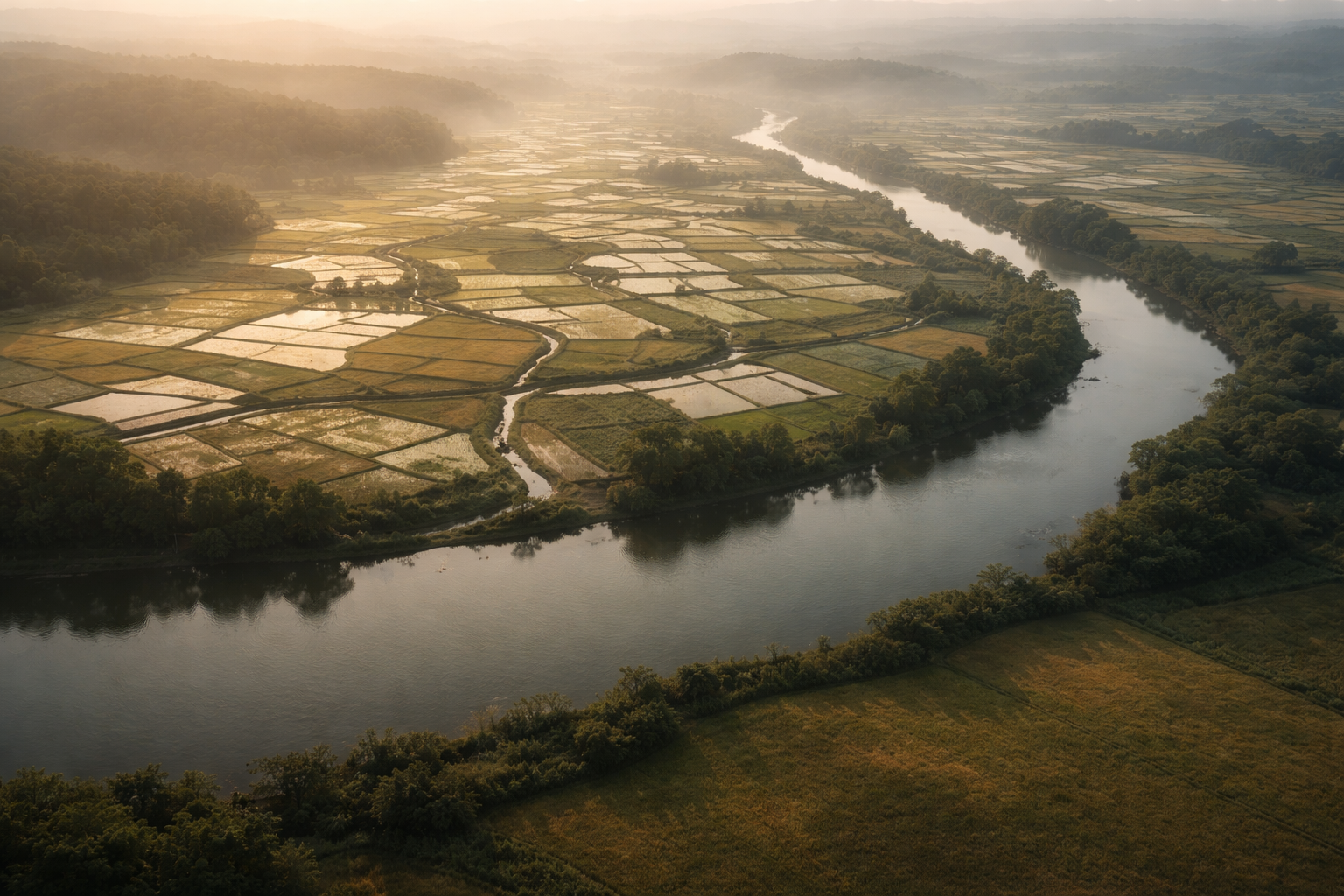 Dawn aerial photograph of a meandering river and patchwork terraced fields in muted greens and browns, with the main fields in the upper two-thirds and smooth foggy water in the lower third.