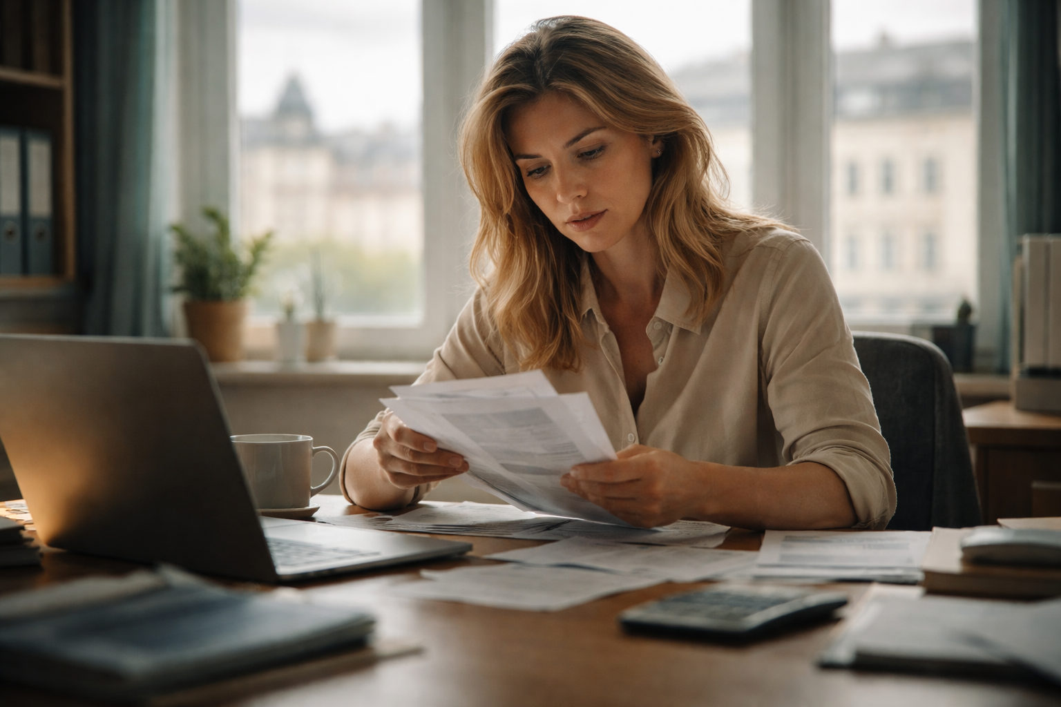A fictional small-business owner sits at a desk in a modest office, reading unbranded loan paperwork with a laptop beside her and a blurred city view through the window; she occupies the upper two-thirds while the lower third of the frame remains calm and empty for a headline band.