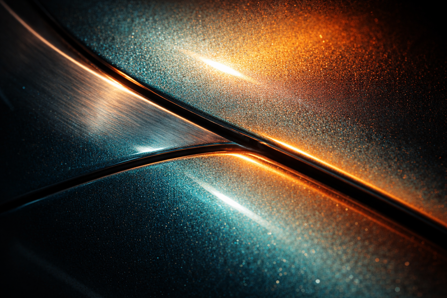 Extreme close-up of a car’s curved metallic paint meeting a brushed metal seam, with golden rim light and cool teal reflections; lower third left dark and uncluttered.