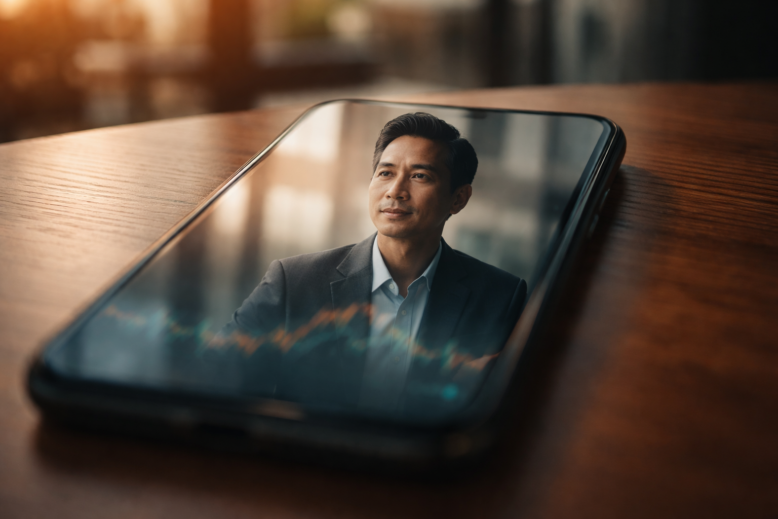 A fictional investor’s face is softly reflected in a glossy smartphone screen on a wooden table, warm backlight and shallow focus, with the bottom third of the frame kept empty.