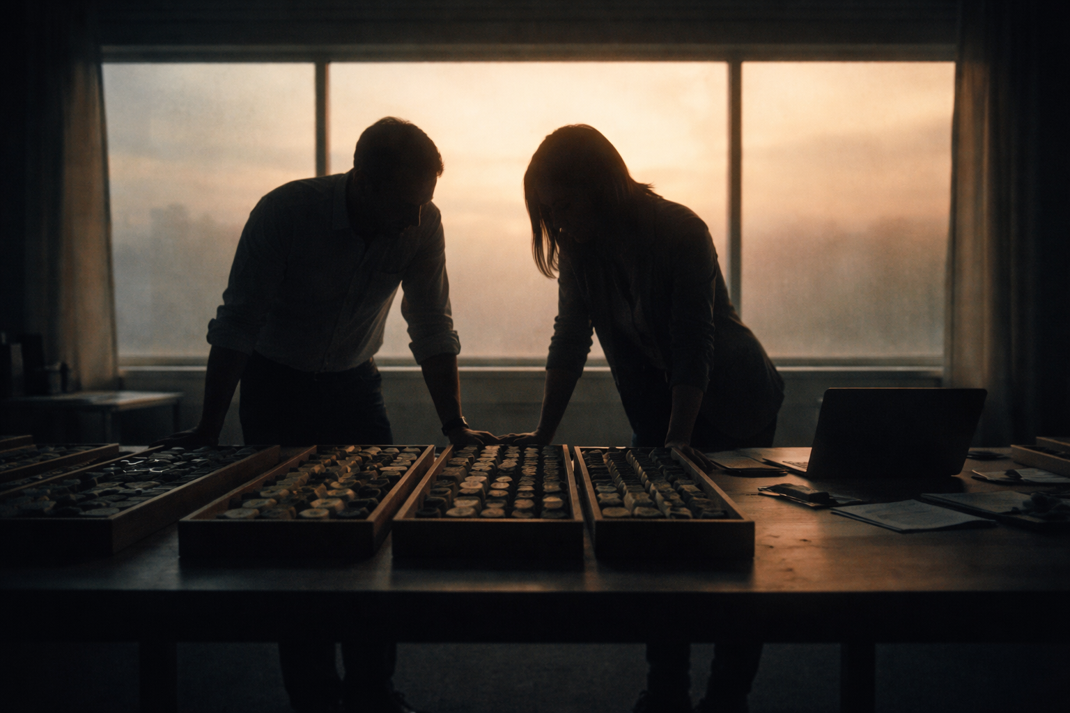 Two silhouetted workers lean over a table scattered with geological core sample boxes and a laptop, backlit by warm dusk through a frosted window; the lower third of the frame is dark and uncluttered.