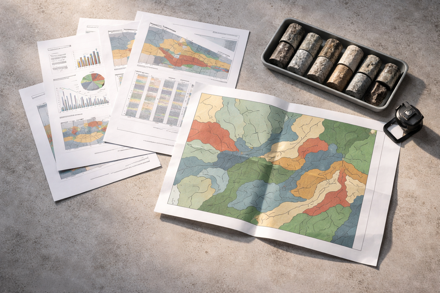 Top-down view of unbranded technical report pages, a folded geological map shown as colored shapes, a small tray of rock-core samples and a magnifier clustered in the upper two-thirds of a light-gray table, with the lower third left clear.