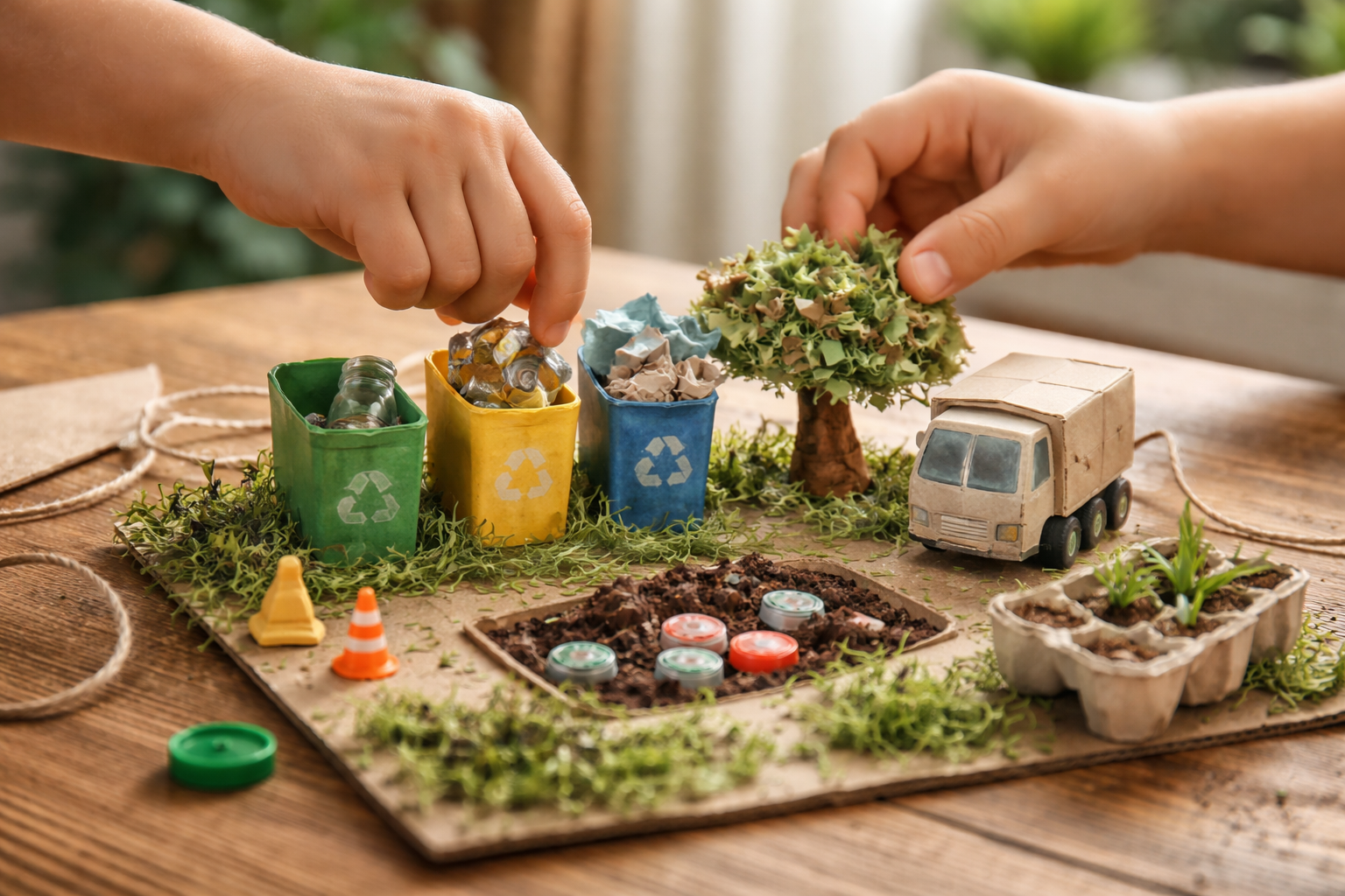 Close-up of several anonymous children's hands building a small recycling diorama from reclaimed materials on a wooden table, soft natural light and a blurred background, with the lower third left empty.