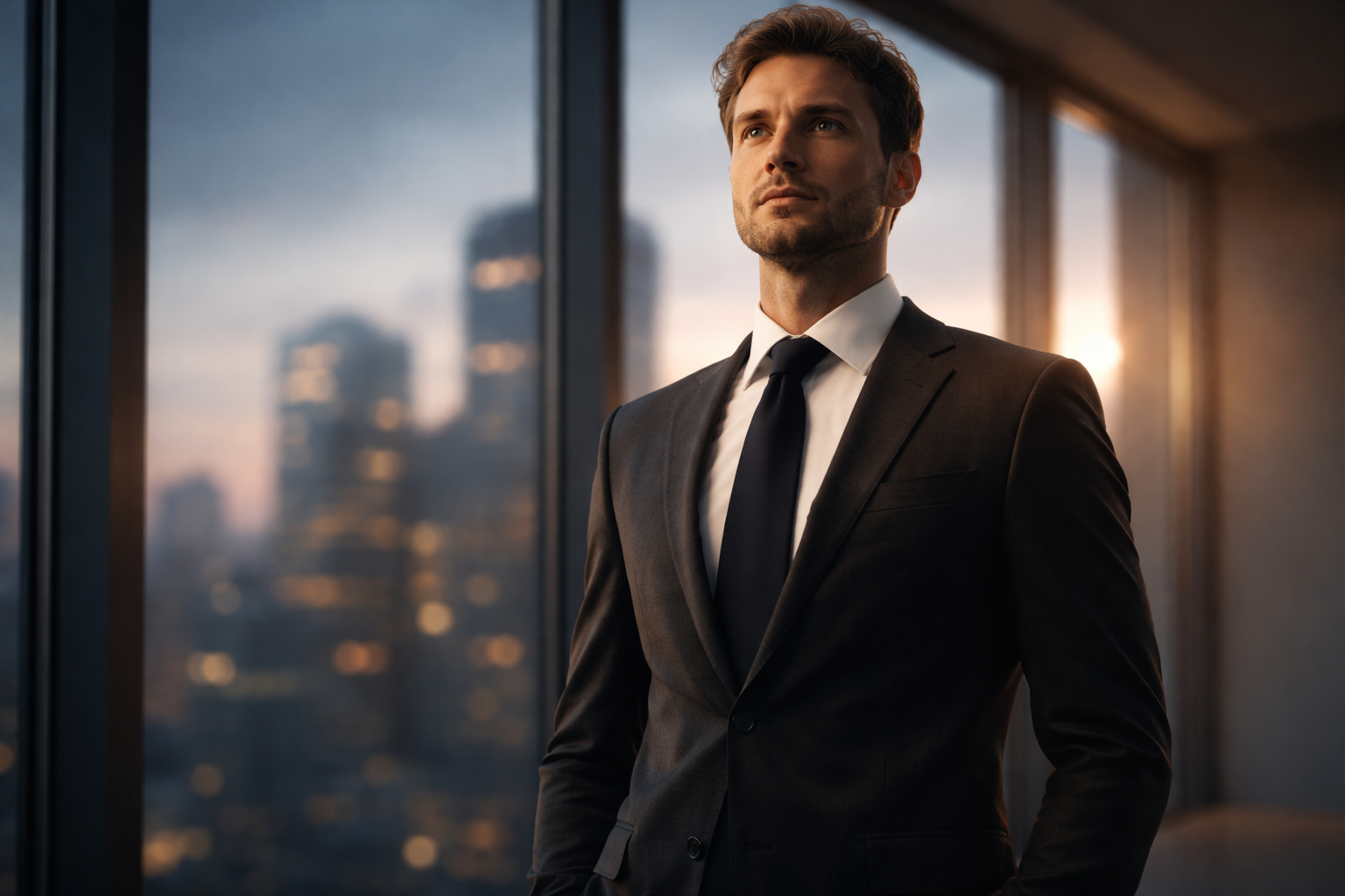 Low-angle portrait of a fictional, non-identifiable mid-career professional in a dark suit, seen waist-up against a softly lit, out-of-focus city through windows, with warm side rim light and the lower third of the frame left empty.