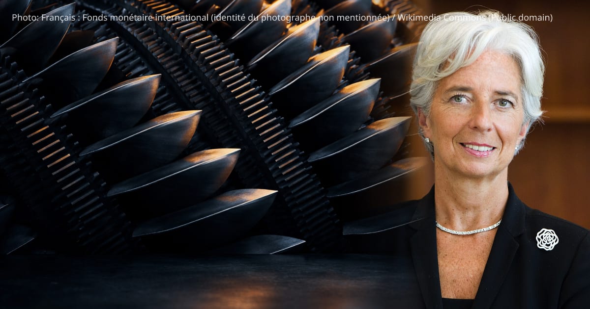 Christine Lagarde — A wide abstract close-up of overlapping metallic turbine blades and cooling fins in cool blues with warm rim light, the patterned detail concentrated in the upper two-thirds and a smooth, empty lower third.