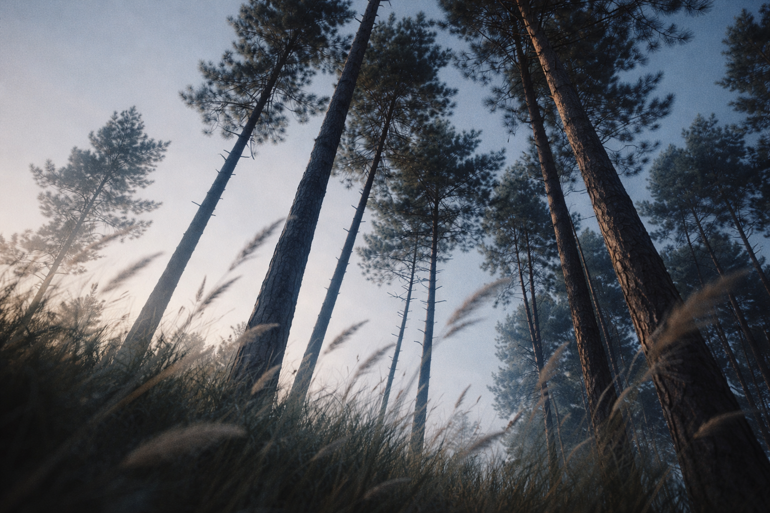 Low-angle photo of tall pine trunks and wind-blown needles rising into a pale morning sky, with the ground blurred and the lower third intentionally empty.