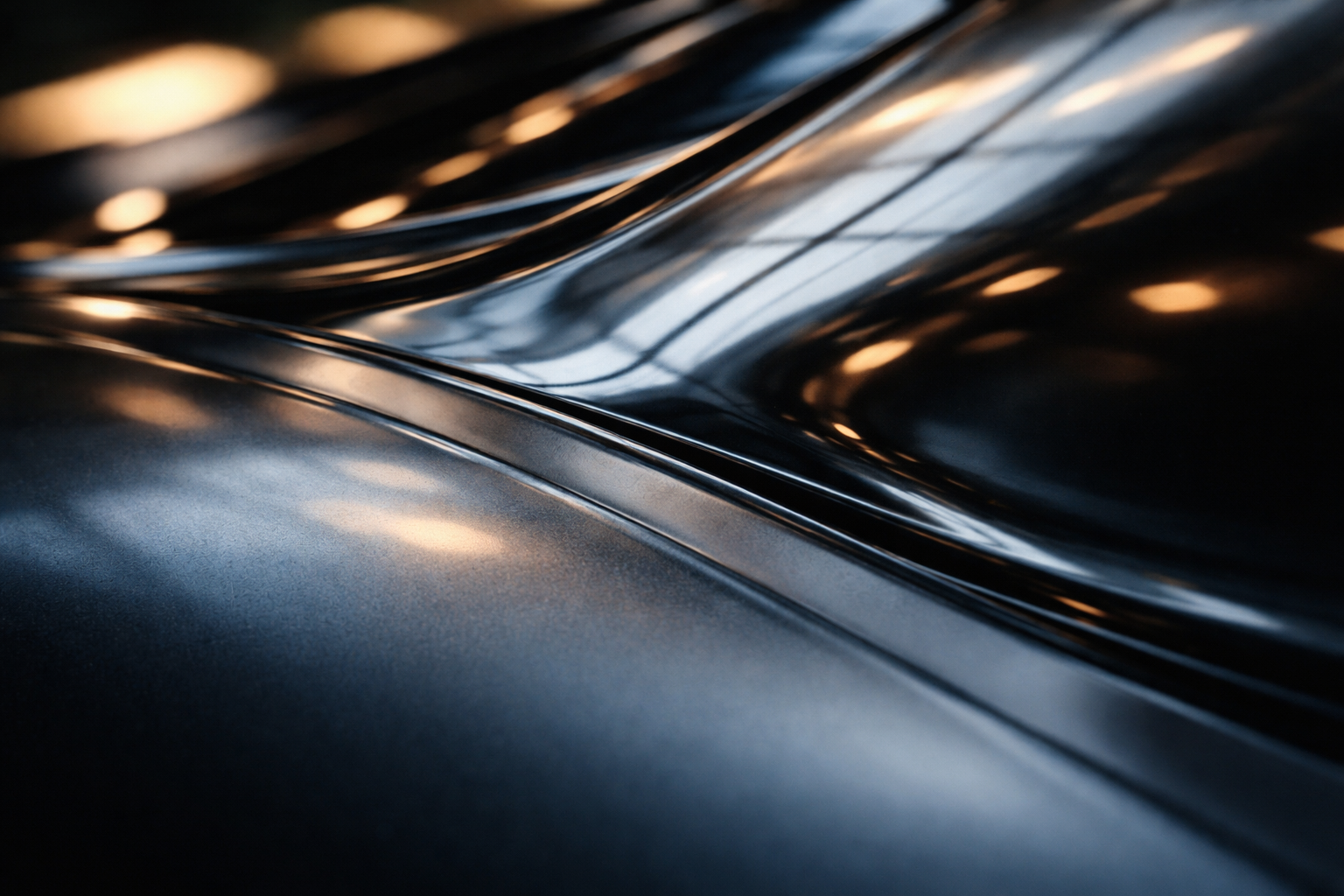 Extreme close-up of an abstract reflection on glossy metallic paint showing curved highlights and blurred warm and blue lights, arranged in the upper two-thirds with a clean, quiet lower third.