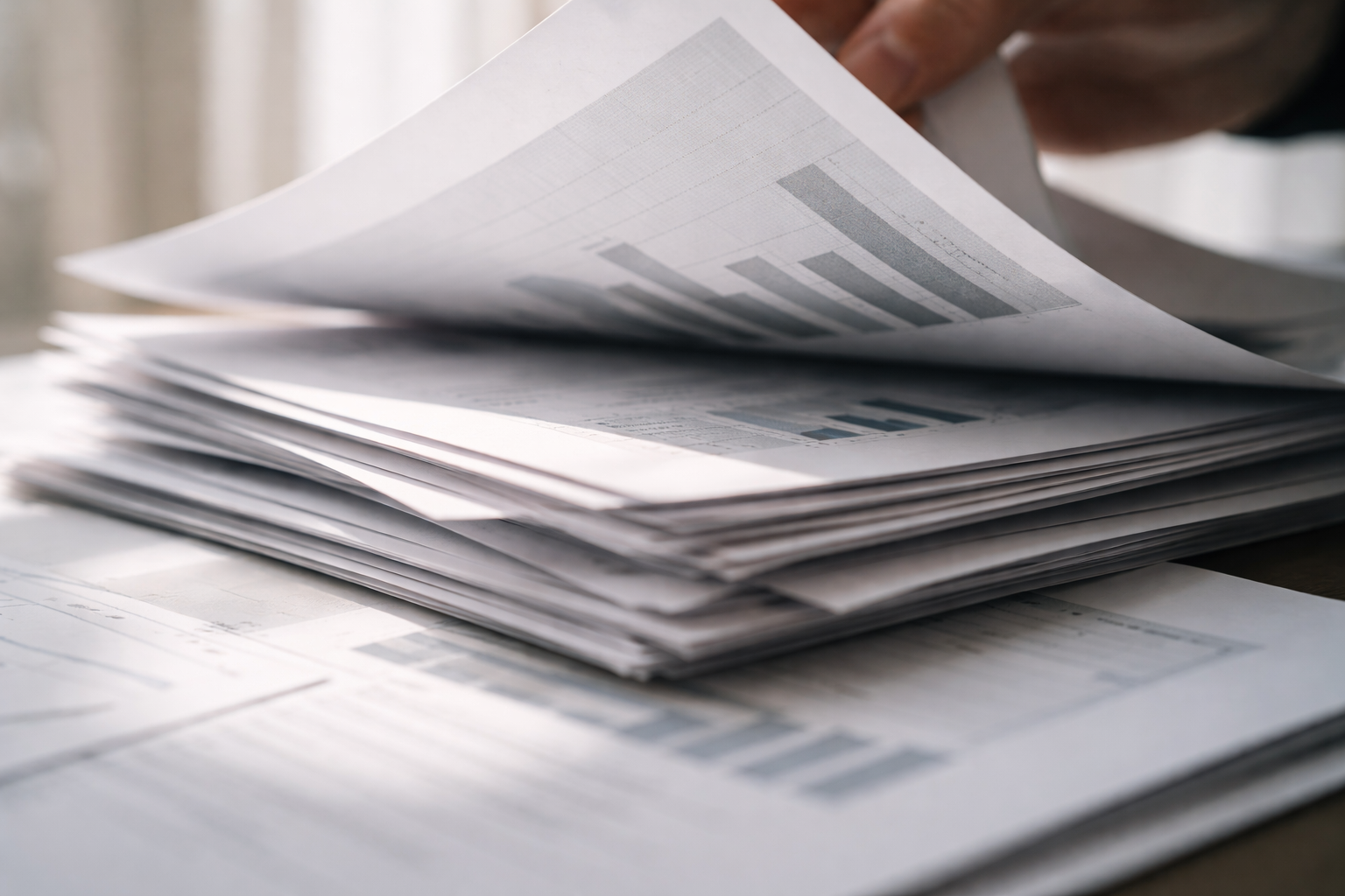 Hands in motion turning pages of layered corporate documents, captured with shallow depth of field and warm side lighting emphasizing paper texture.