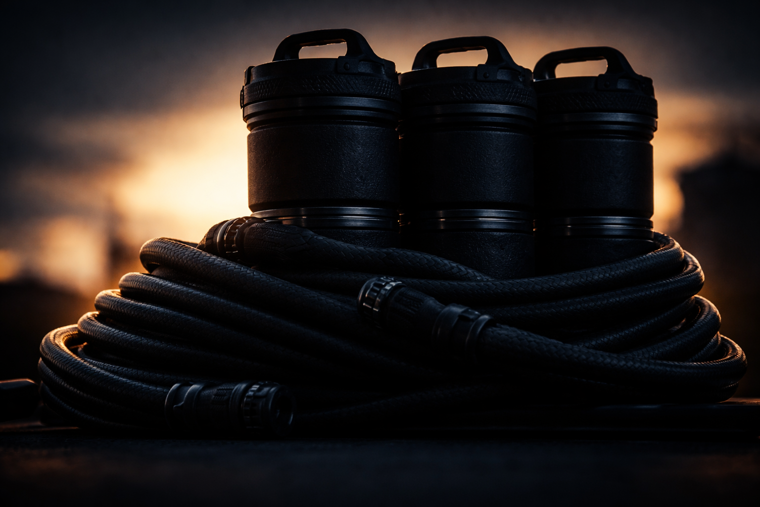 Dark silhouettes of stacked composite energy cylinders and coiled industrial cable set against warm rim light, with cool blue shadows and an uncluttered lower third.