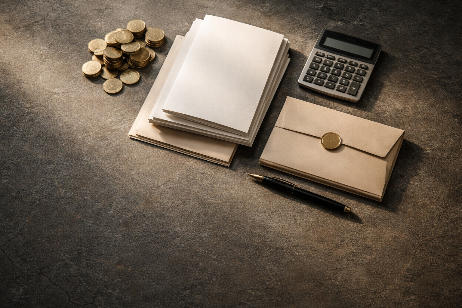 Top-down view of blank folded papers, sealed envelopes, a small pile of brass tokens, a calculator and a fountain pen clustered on a textured grey tabletop in the upper two-thirds with an empty lower third.