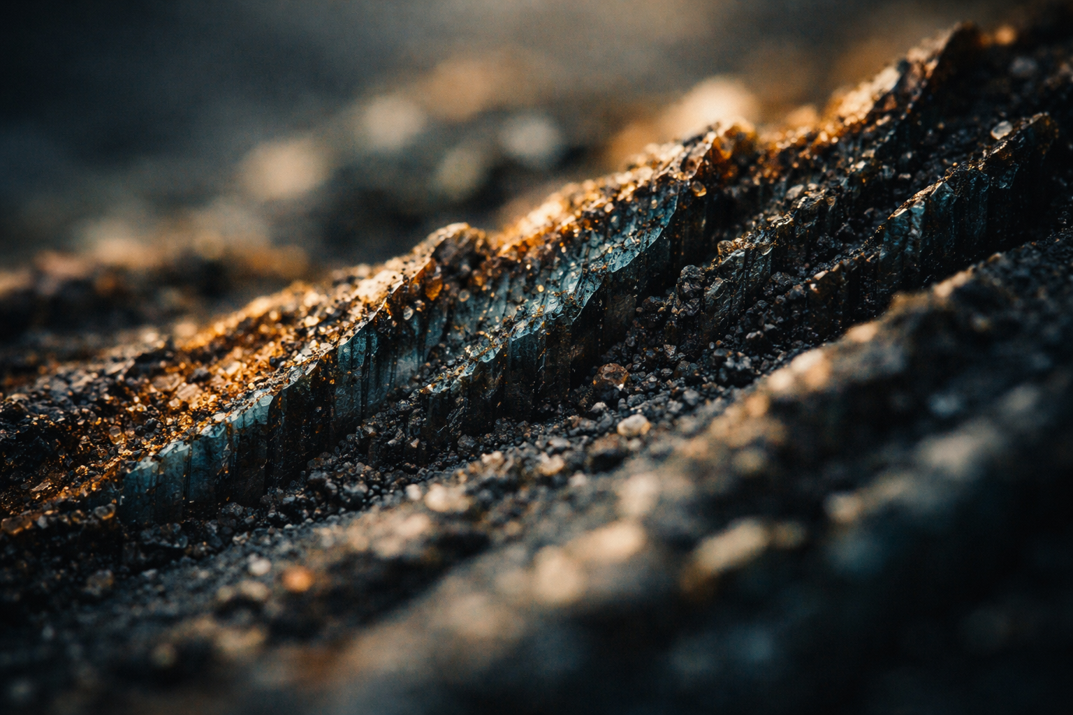 Low-angle macro close-up of layered metallic mineral textures—oxidized copper and dark steel striations rising toward the top of the frame, with warm highlights, cool shadows and a soft shallow focus while the lower third is kept smooth and uncluttered.