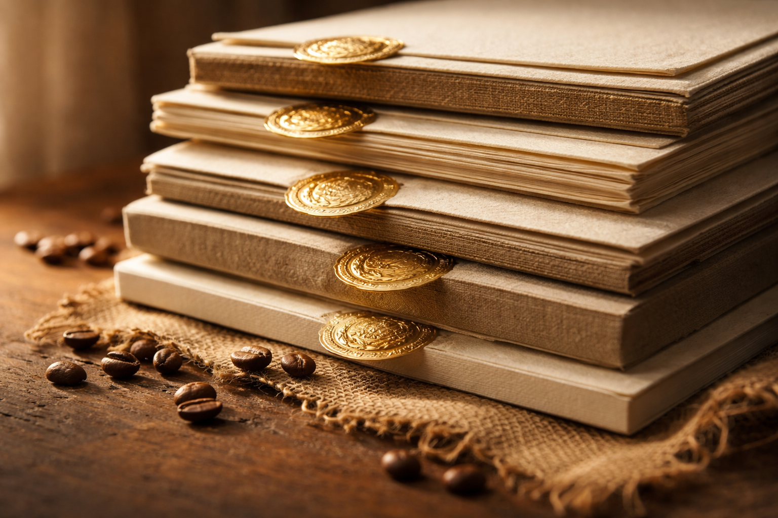 Low-angle close-up of stacked linen award certificates with embossed gold medallions and scattered coffee beans, lit by warm side light with a blurred, empty lower third.