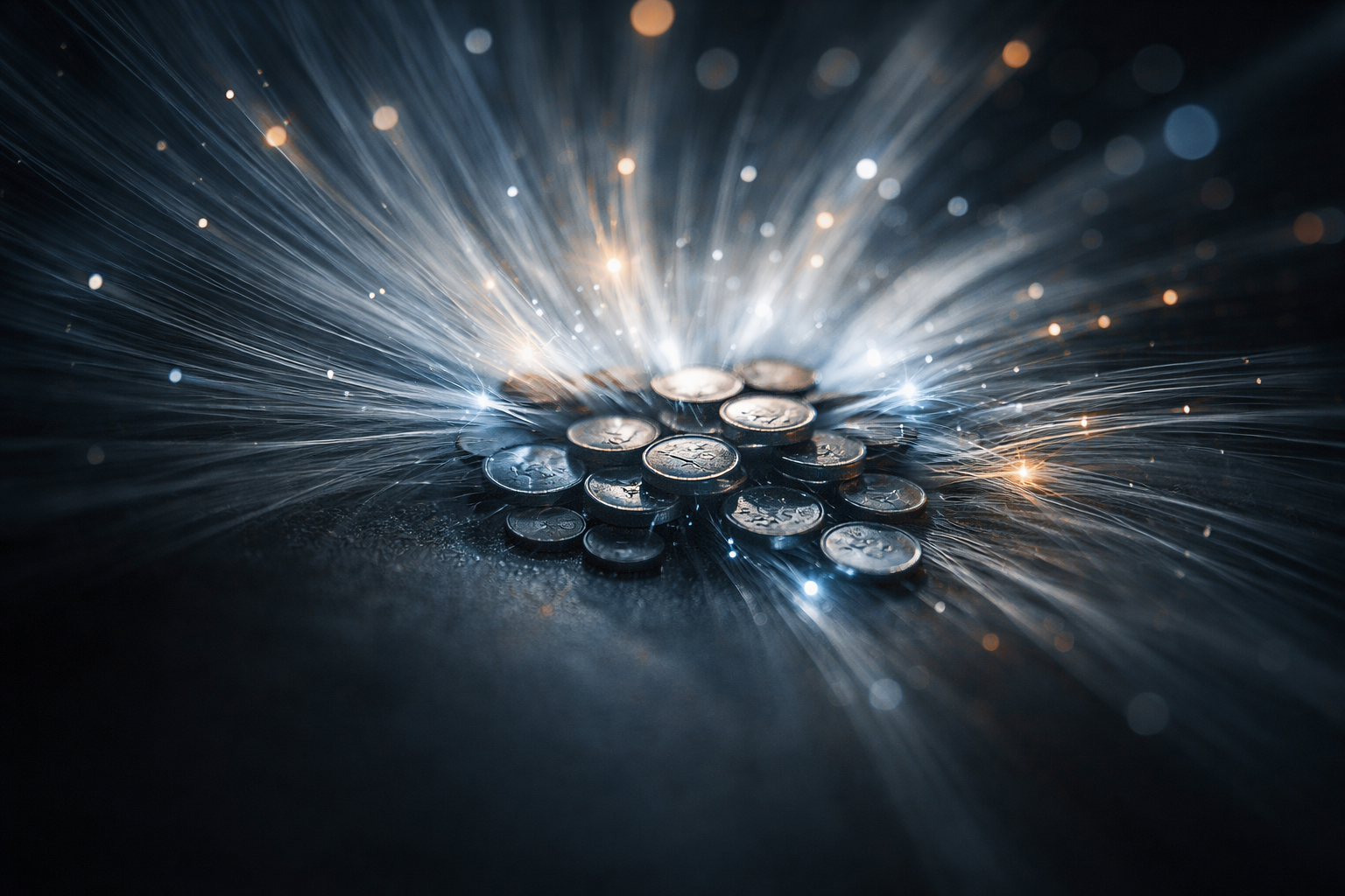 Close-up motion blur of matte metal tokens and glowing translucent fibers fanning outward against a dark, muted background, with the main cluster positioned in the upper two-thirds and a quiet lower third.