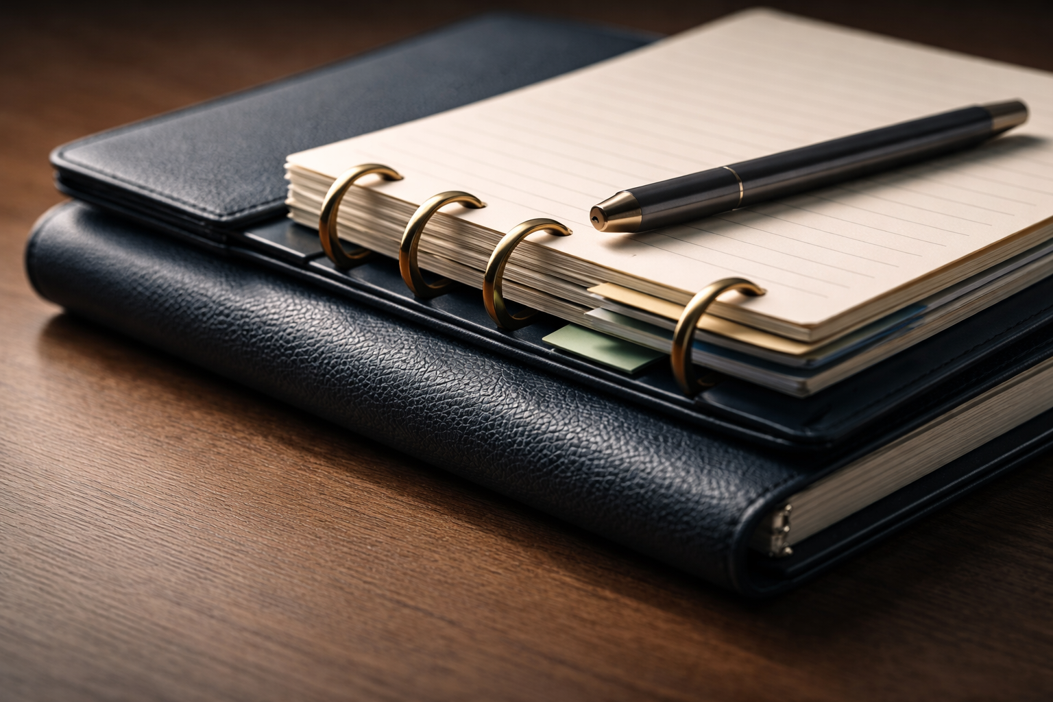 Low-angle close-up of stacked premium financial materials—textured folio, tabbed portfolio cards, brass binder rings and a pen—lit by warm side light with soft background blur and an empty lower third.