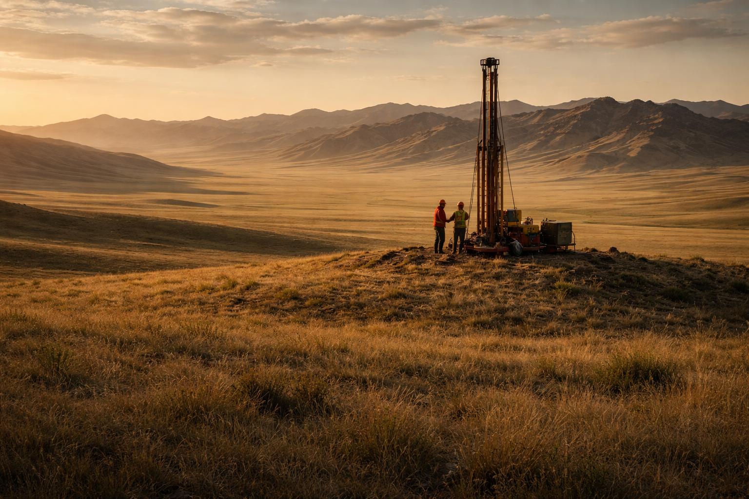 Wide golden-hour panorama of the Mongolian steppe with an unbranded exploration drill rig and two anonymous workers on a ridge, distant hills and open sky above, and the lower third left shadowed and uncluttered.