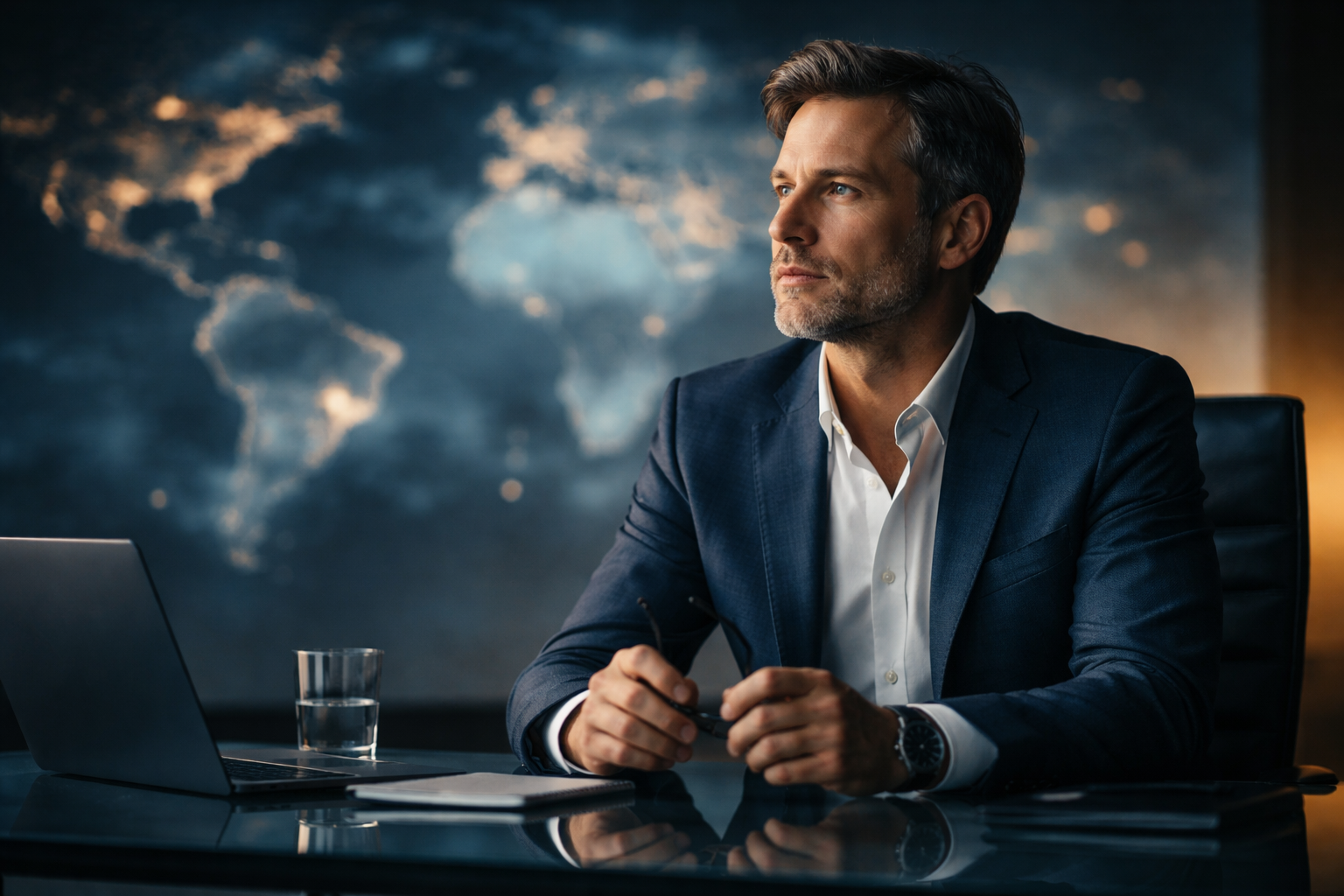 Wide editorial photo of a fictional, non-identifiable executive at a glass desk, upper torso in the top two-thirds against a softly glowing, out-of-focus wall of map-like lights, cool blue palette with warm rim light and an empty lower third.
