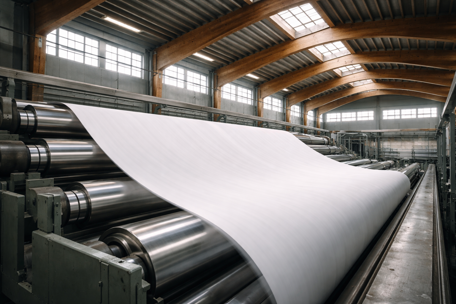 Motion-blur close detail of an unbranded white paper sheet moving through industrial rollers under curved timber-and-steel roof beams, lit by soft skylight, with the main subject centered high in the frame and the lower third left clear.