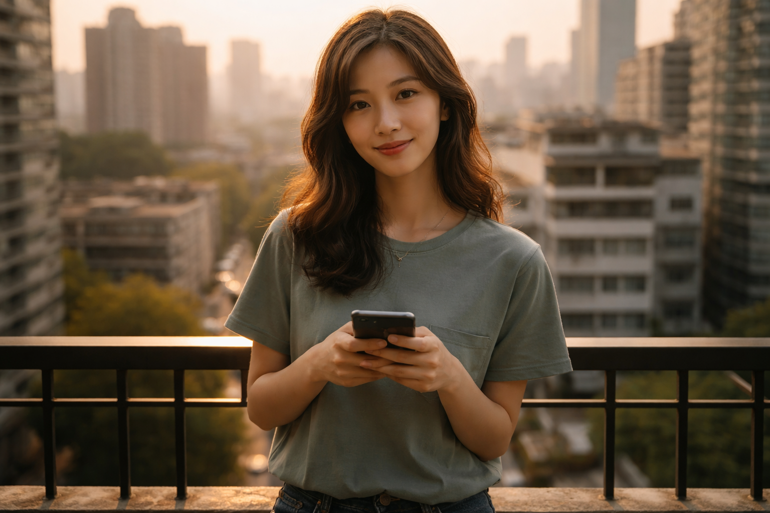 A young, non-identifiable content creator stands on a generic city balcony at golden hour, centered in the upper two-thirds holding a smartphone with its screen blurred, warm muted teal-and-ochre tones and a calm, darker lower third.