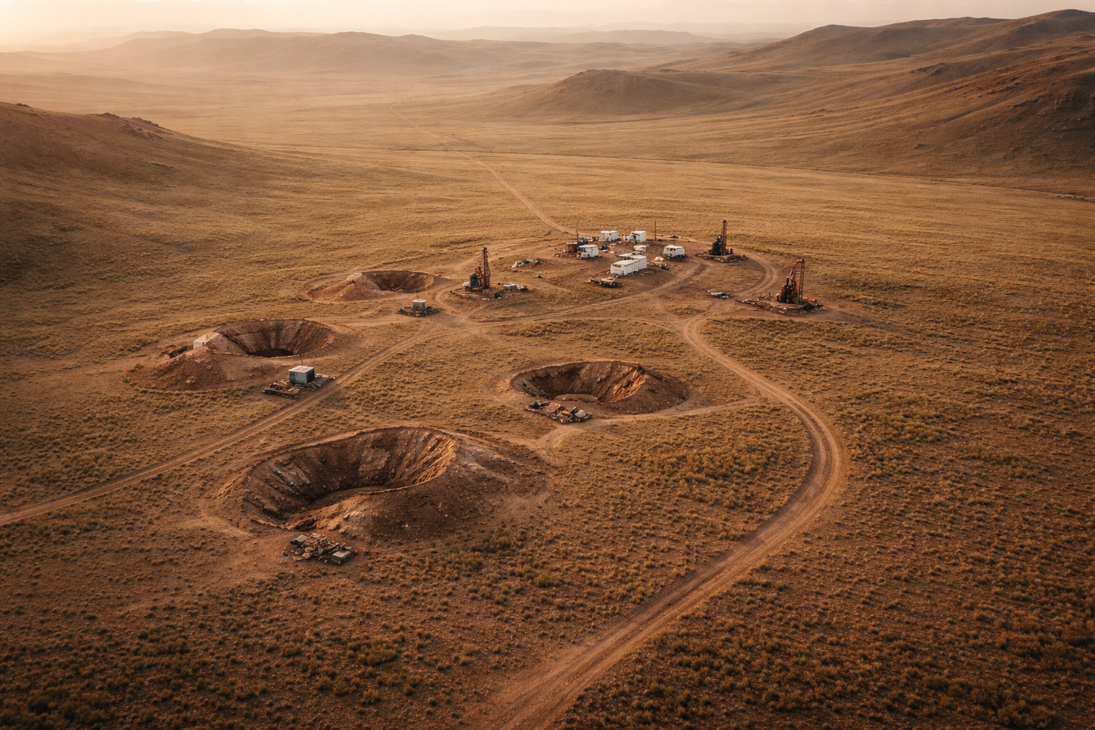 Aerial golden-hour view of a small mining exploration site on the Mongolian steppe—open pits, drill pads, dirt tracks and a compact temporary camp centered in the upper two-thirds, with an empty lower foreground of open grassland.