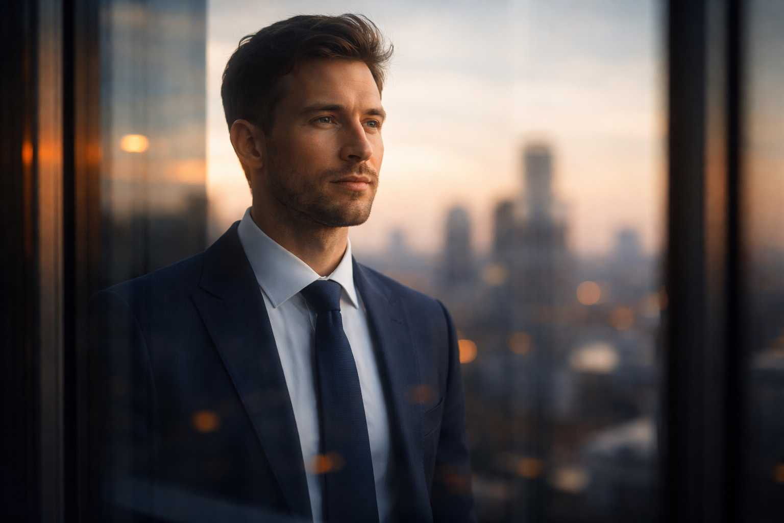 A fictional financial professional's face and shoulders reflected in an office window at dusk, with soft rim lighting, blurred interior lights and a generic city skyline, framed so the lower third of the image is empty and calm.