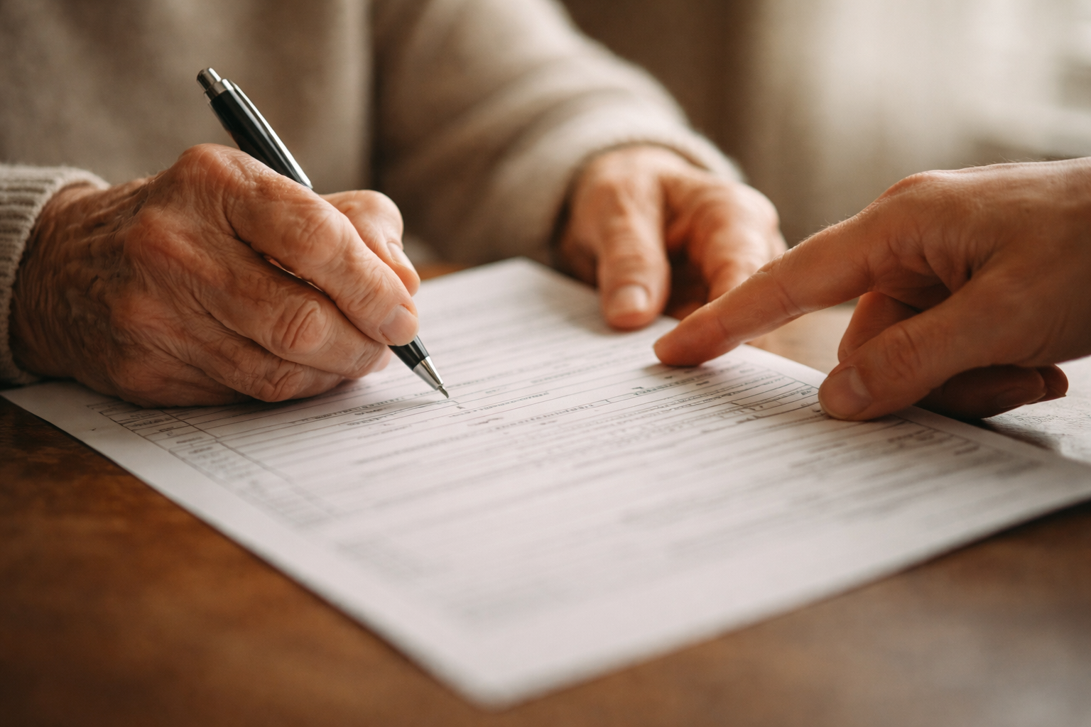 Macro photo of an elderly person's hands holding a blank official-looking form and pen while a second anonymous hand reaches in, hands placed in the upper two-thirds with soft window light and a blurred background, lower third left empty.