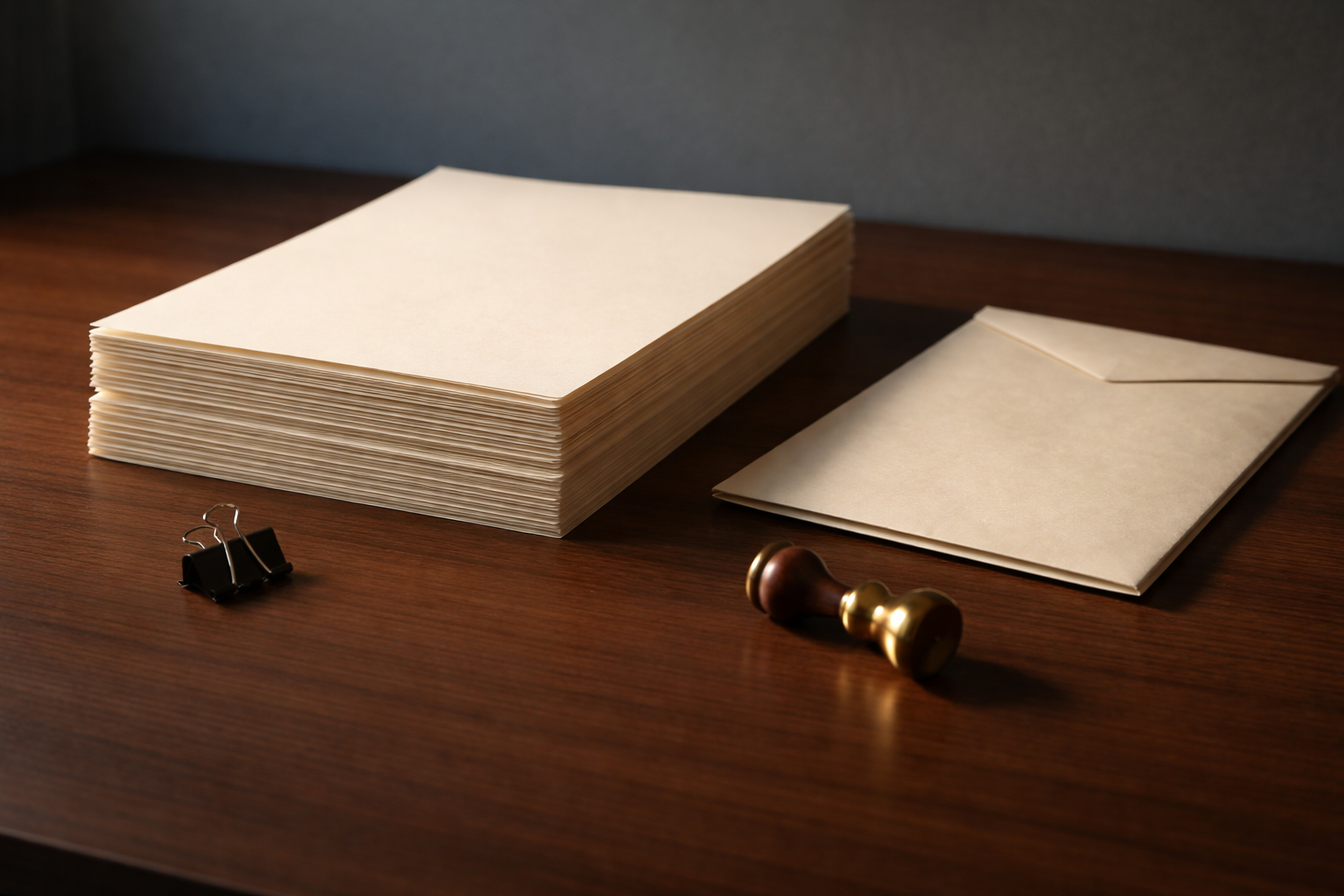 Wide still-life of a neat stack of cream legal paper and a closed plain envelope with a binder clip and brass seal on a dark wood desk, lit from the side, with the foreground lower third left empty.