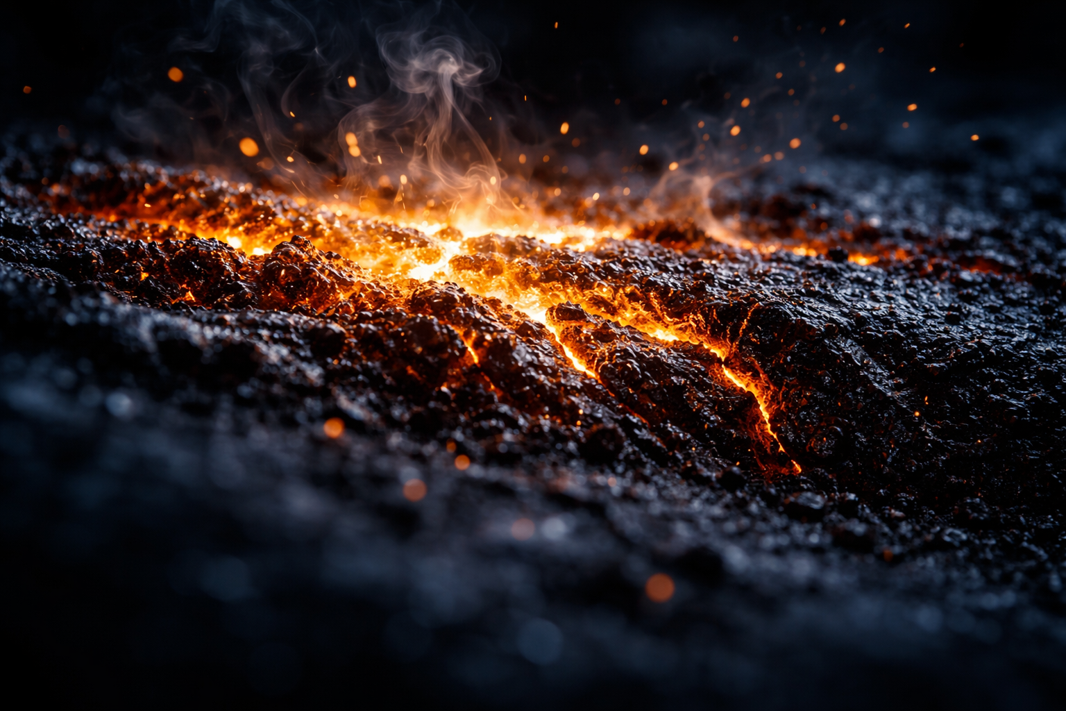 Macro photograph of glowing molten steel cooling into a textured solid, with small sparks and steam; warm orange highlights contrast with cool blue-grey shadows and the main detail is placed in the upper two-thirds, leaving the bottom area calm.
