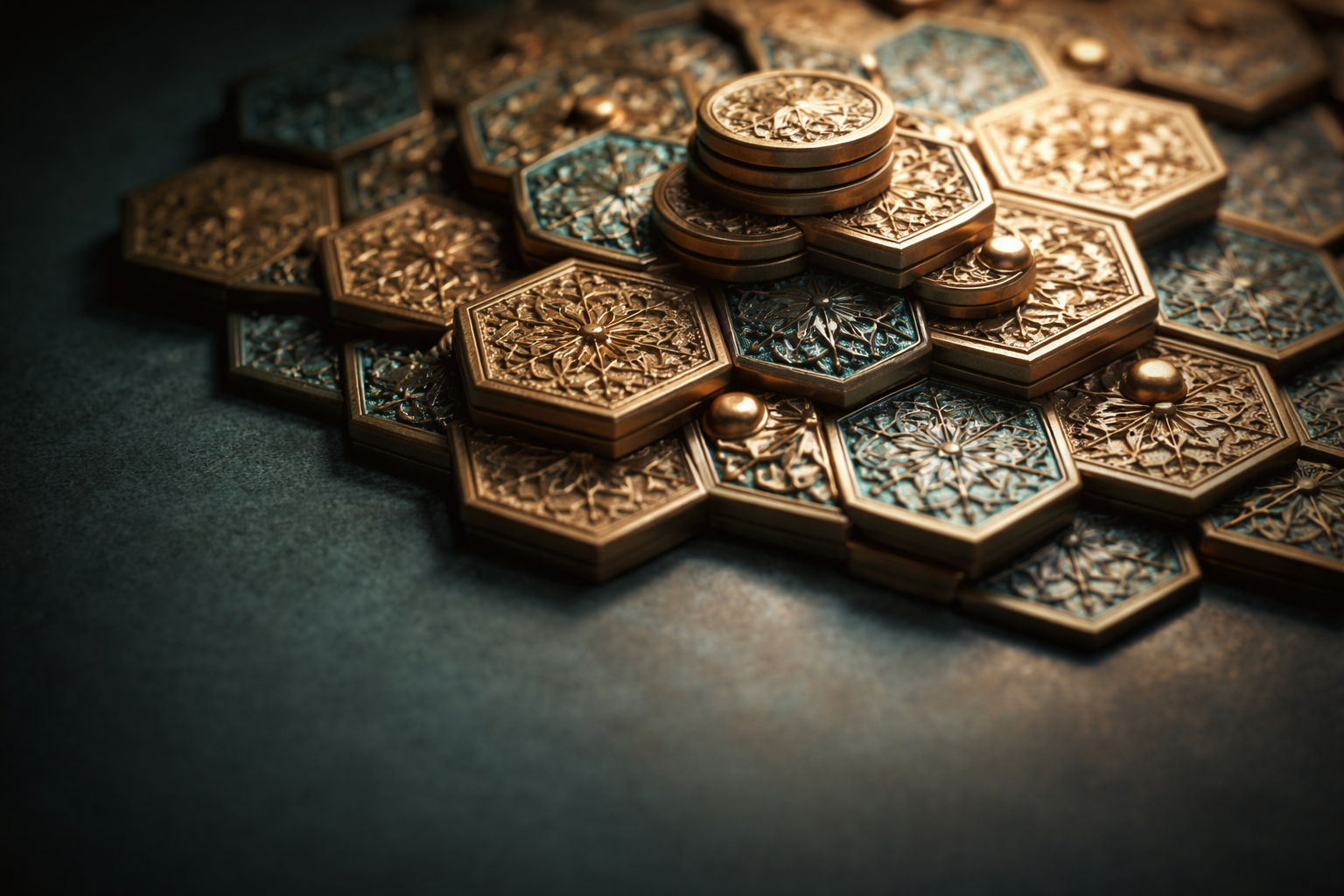 Macro close-up of embossed geometric tiles and stacked metallic discs forming an abstract pattern in warm gold and teal tones, with the main cluster centered high and a calm empty lower third.